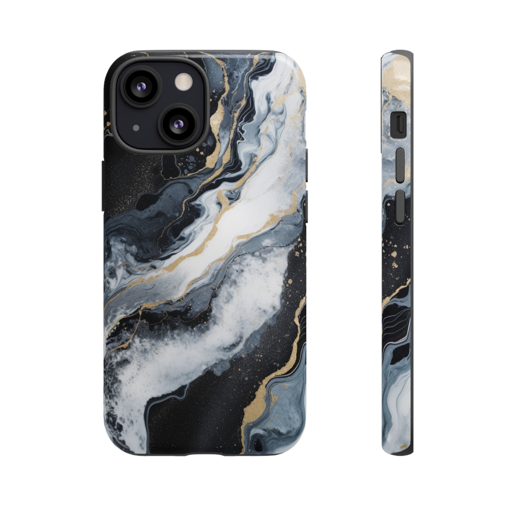 Celestial Marble Phone Case - Black & Gold Swirl Design iPhone 13 Mini Glossy