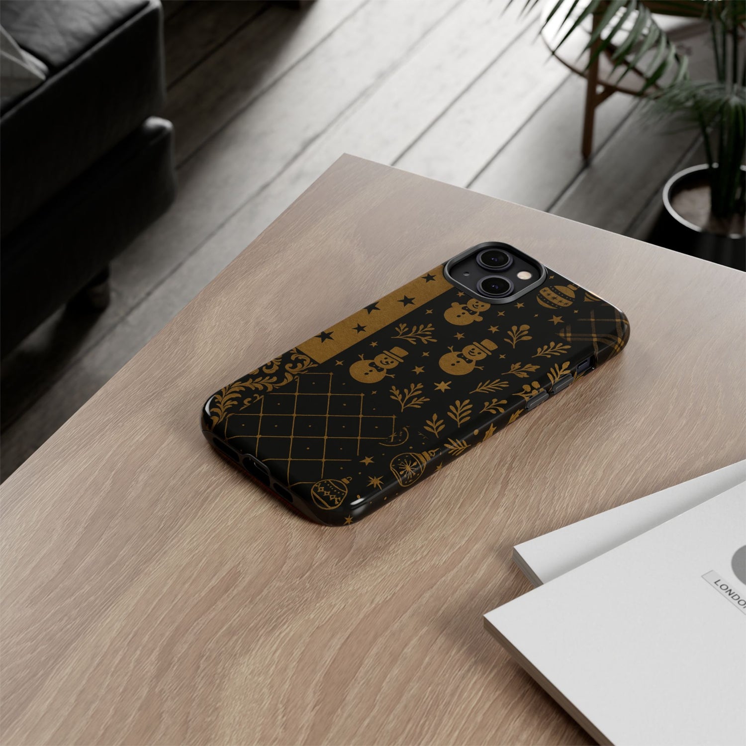 Black Festive Phone Case | Christmas Gift | Holiday Decor | Snowman Design | Tough Cases | Winter Celebration