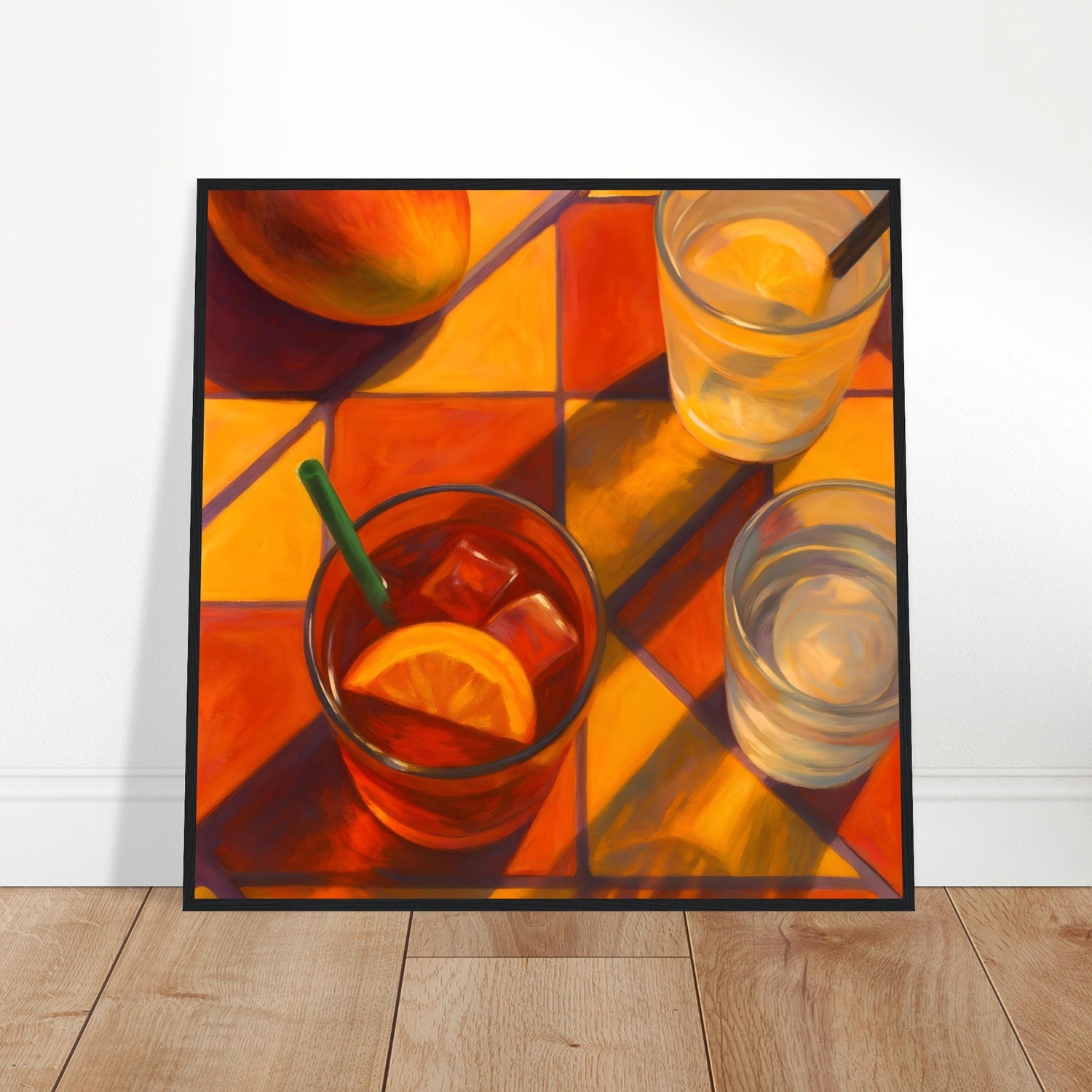Vibrant Mango & Citrus Still Life Poster - Warm Tile Aesthetic Wall Art - Wooden Framed Poster