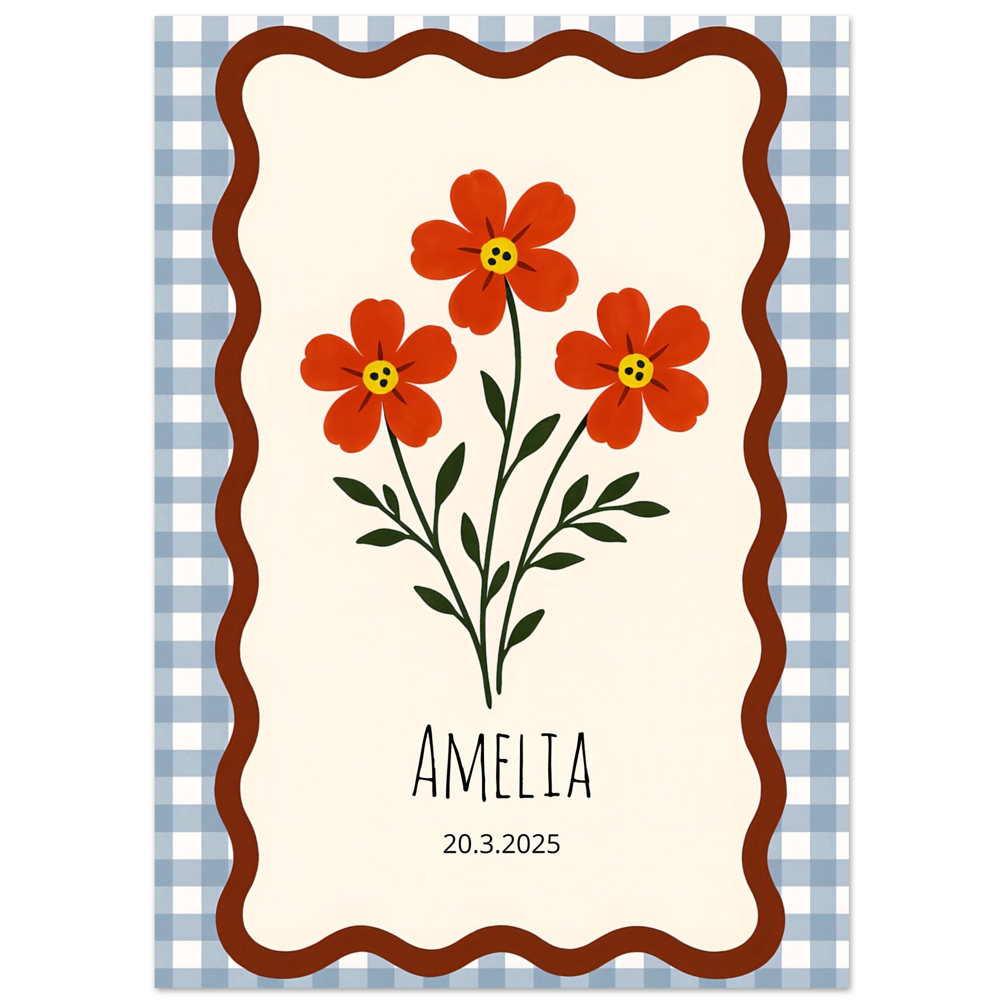 Personalized Nursery Poster – Red-Orange Floral Print, Gingham Nursery Print, Wall Art Decor 50x70 cm 20x28″