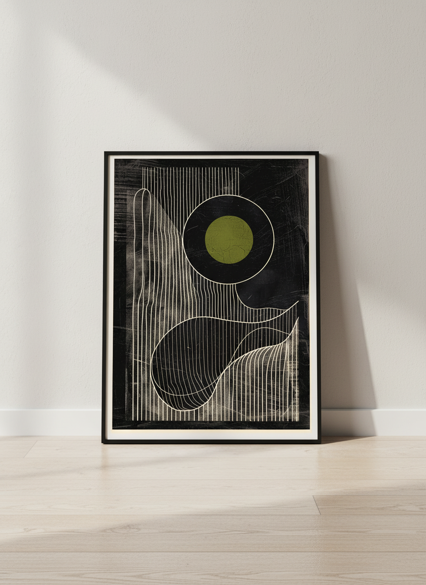Olive Eclipse: Linear Noir Abstraction - Modern Minimalist Wall Art Print