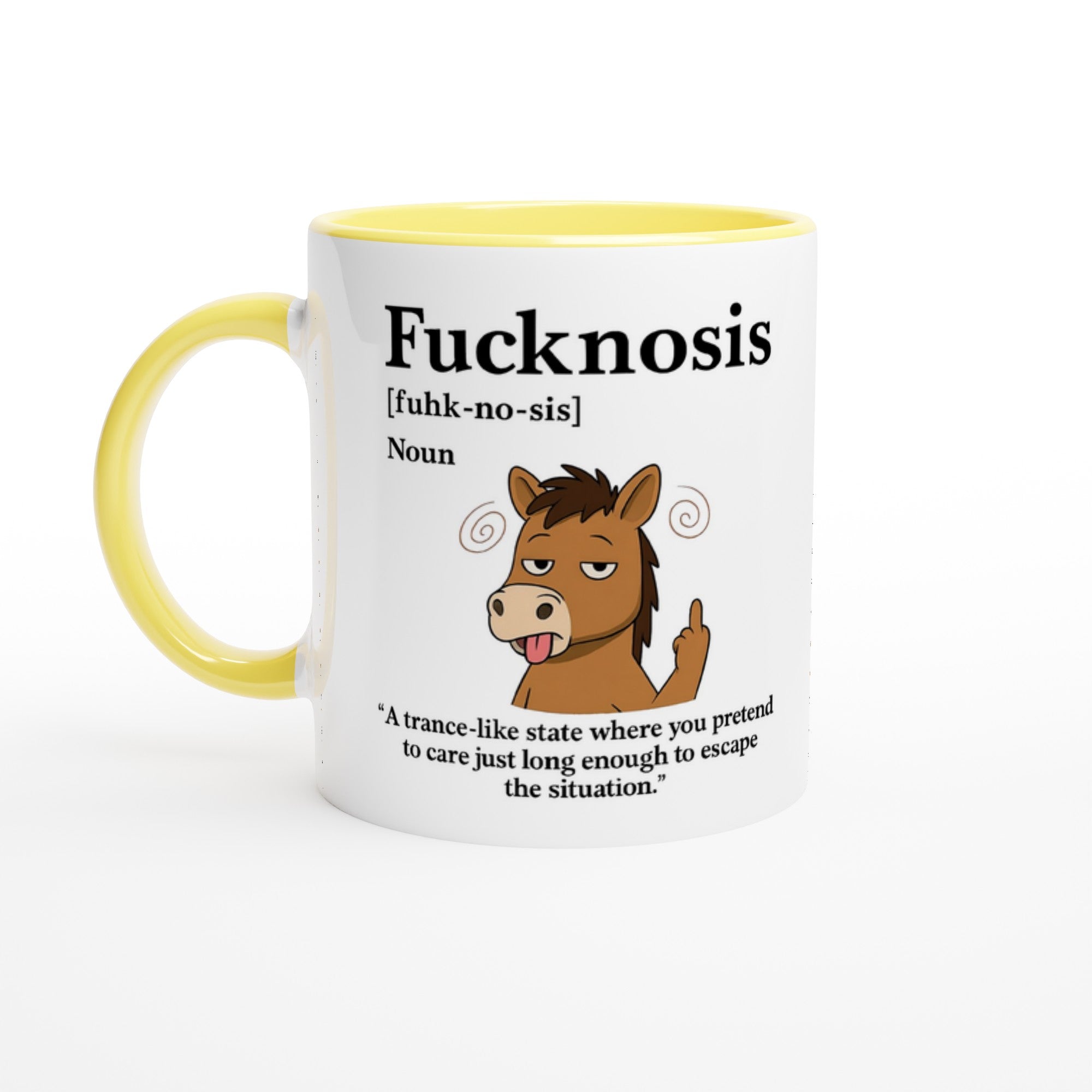 Funny F*cknosis Mug – Sarcastic Definition Coffee Cup with Dog, Cat, Bear, or Horse Design – 11oz Ceramic Humor Gift Ceramic Yellow Horse