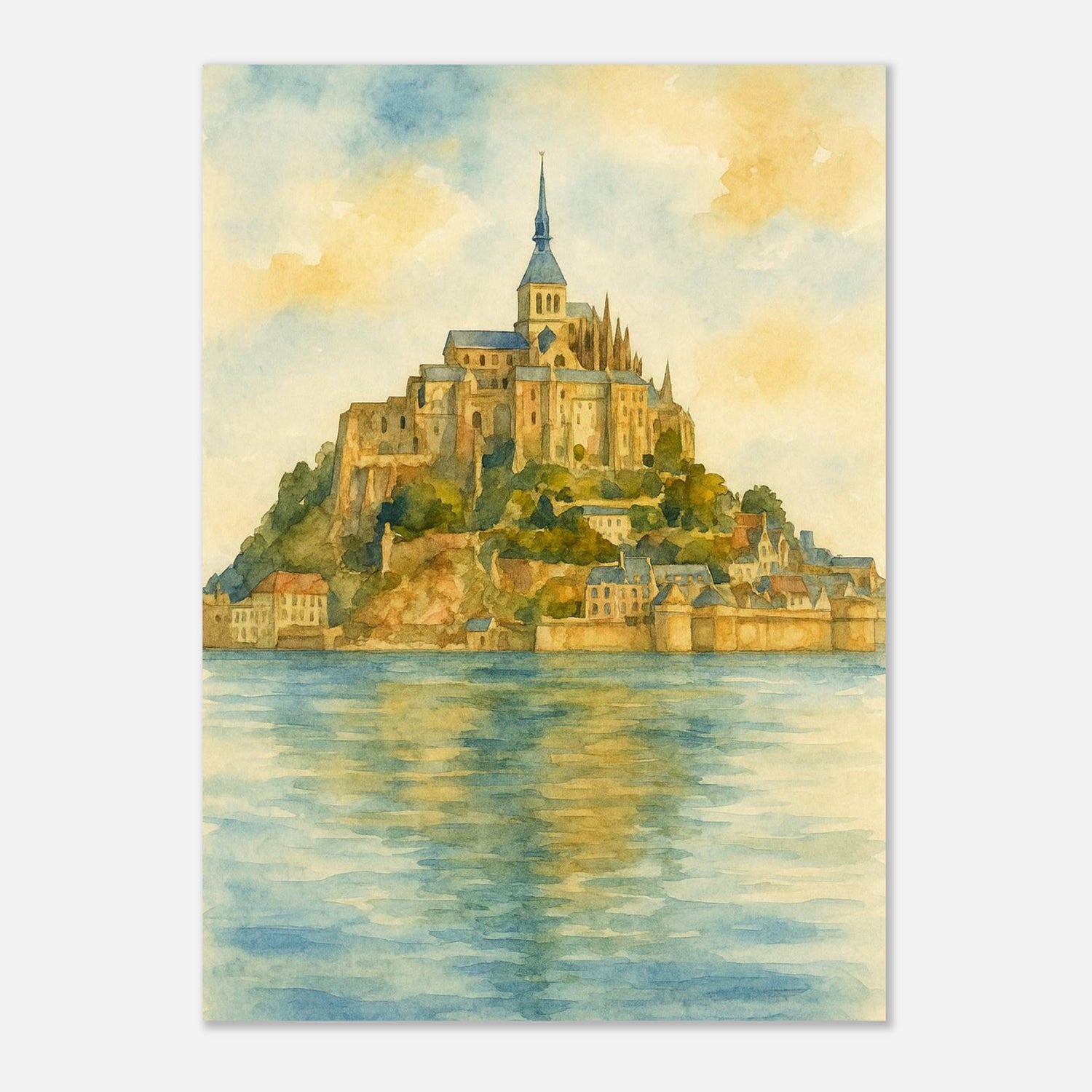Mont Saint Michel France Coastal Monastery Watercolour Print – Unframed Travel Wall Art, Home Decor 50x70 cm 20x28″