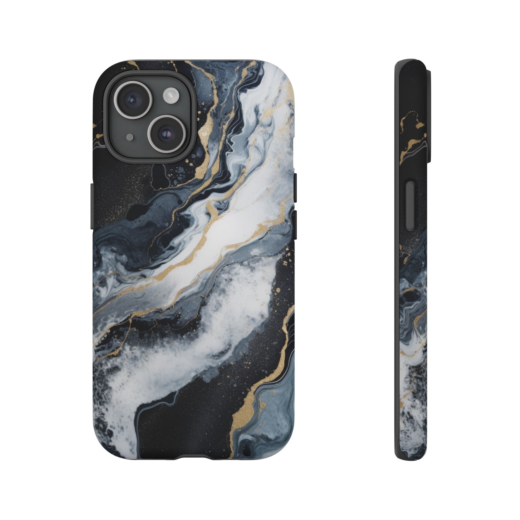 Celestial Marble Phone Case - Black & Gold Swirl Design iPhone 15 Matte