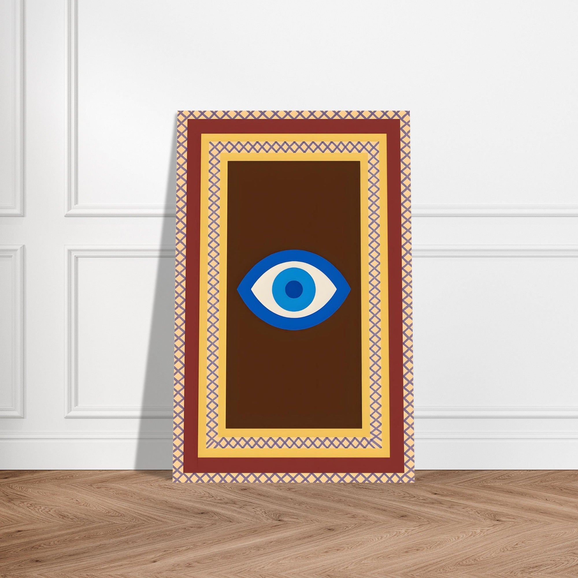 Azure Guardian – Evil Eye Folk Wall Art in Rich Earth Tones (A0, A1,A2, A3. A4 Poster) 28x43 cm XL (11x17″) Brown with Blue Eye