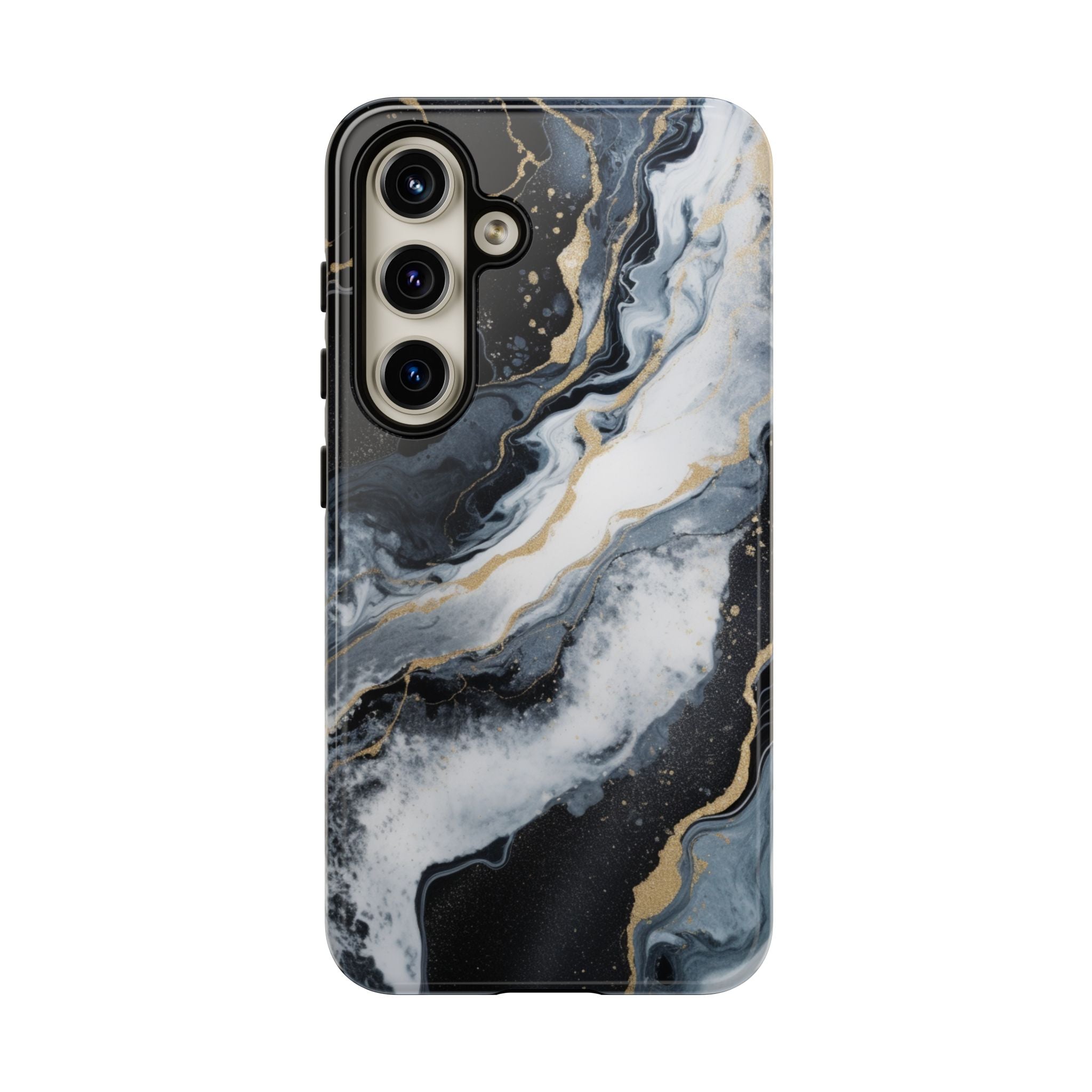 Celestial Marble Phone Case - Black & Gold Swirl Design Samsung Galaxy S24 Glossy