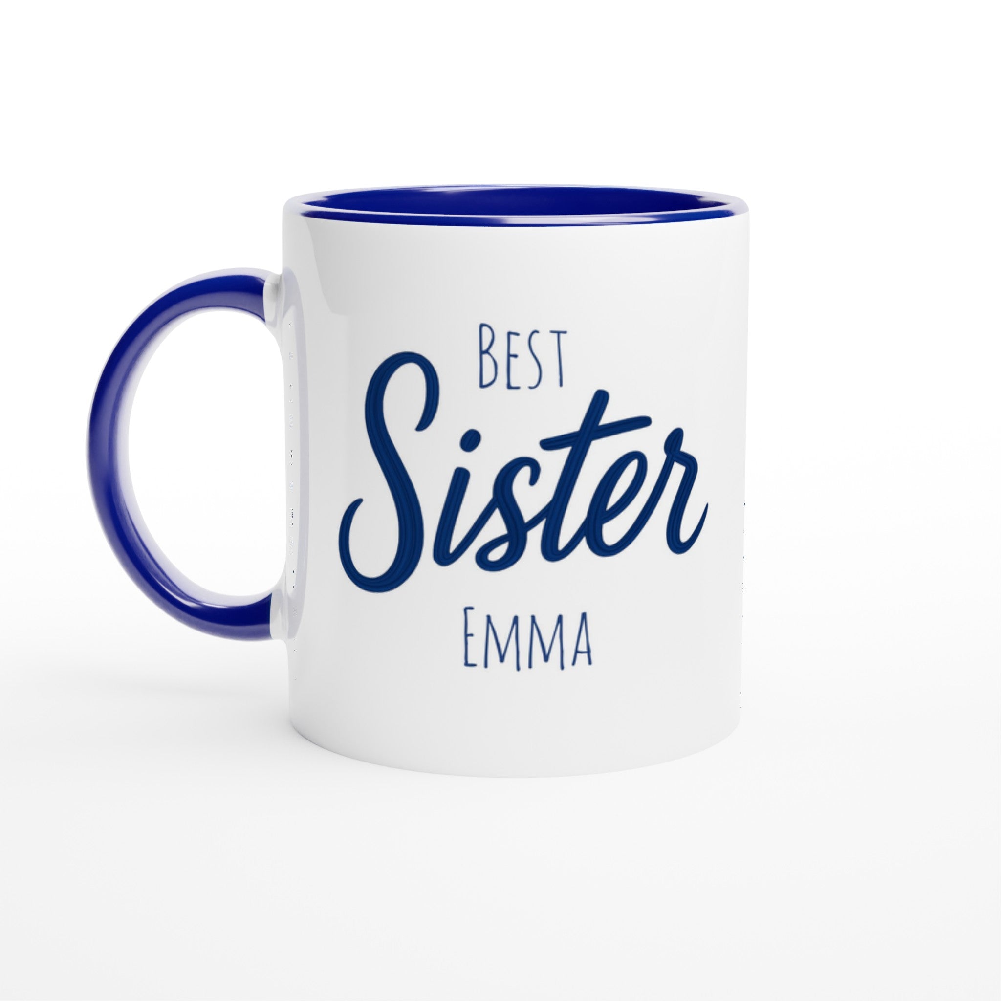 Sister Mug - Blue Brush Script Mug with Heart – Elegant Blue Calligraphy 11oz Coffee Cup – Gift for Sister, Birthday or Everyday Surprise