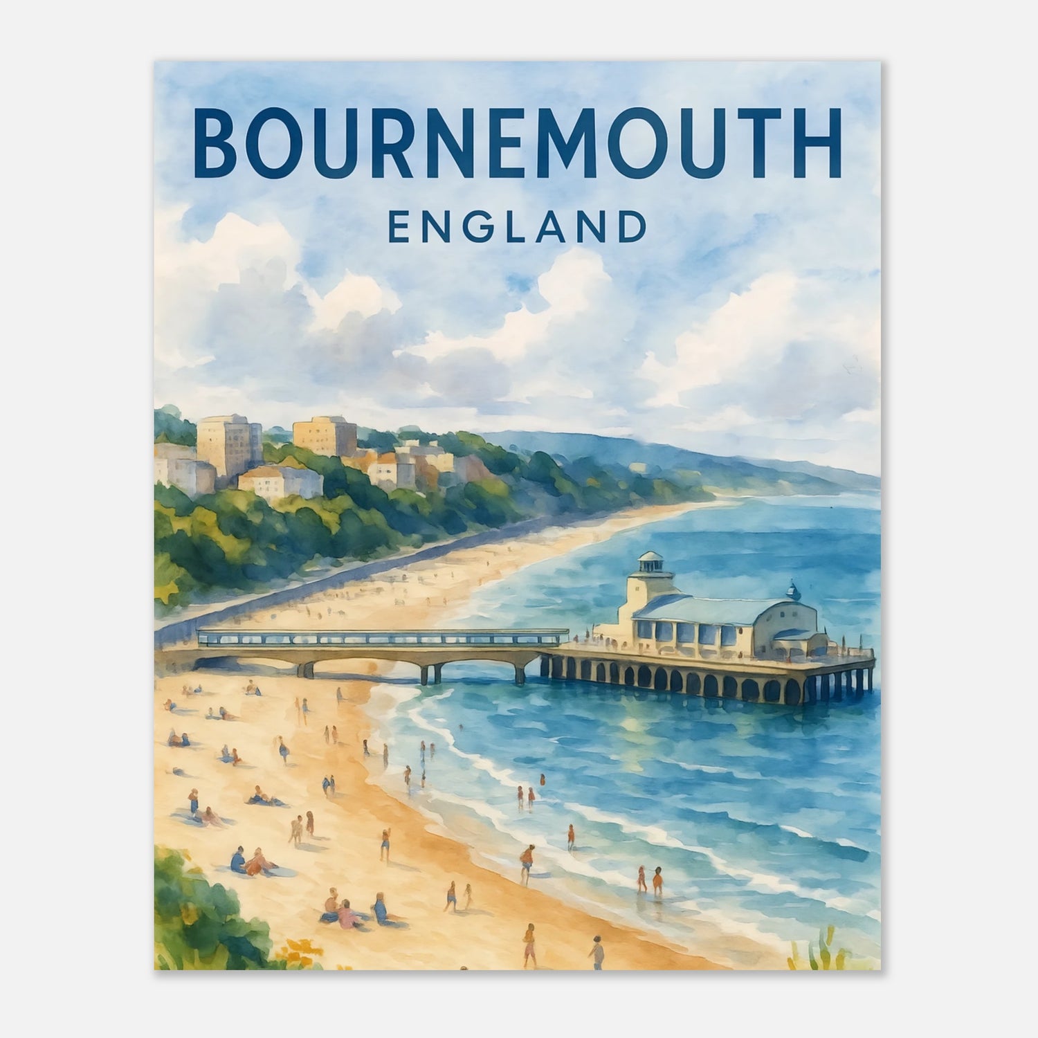 Bournemouth England Watercolor Poster: Dorset Travel Print, FSC Matte Paper 40x50 cm 16x20″