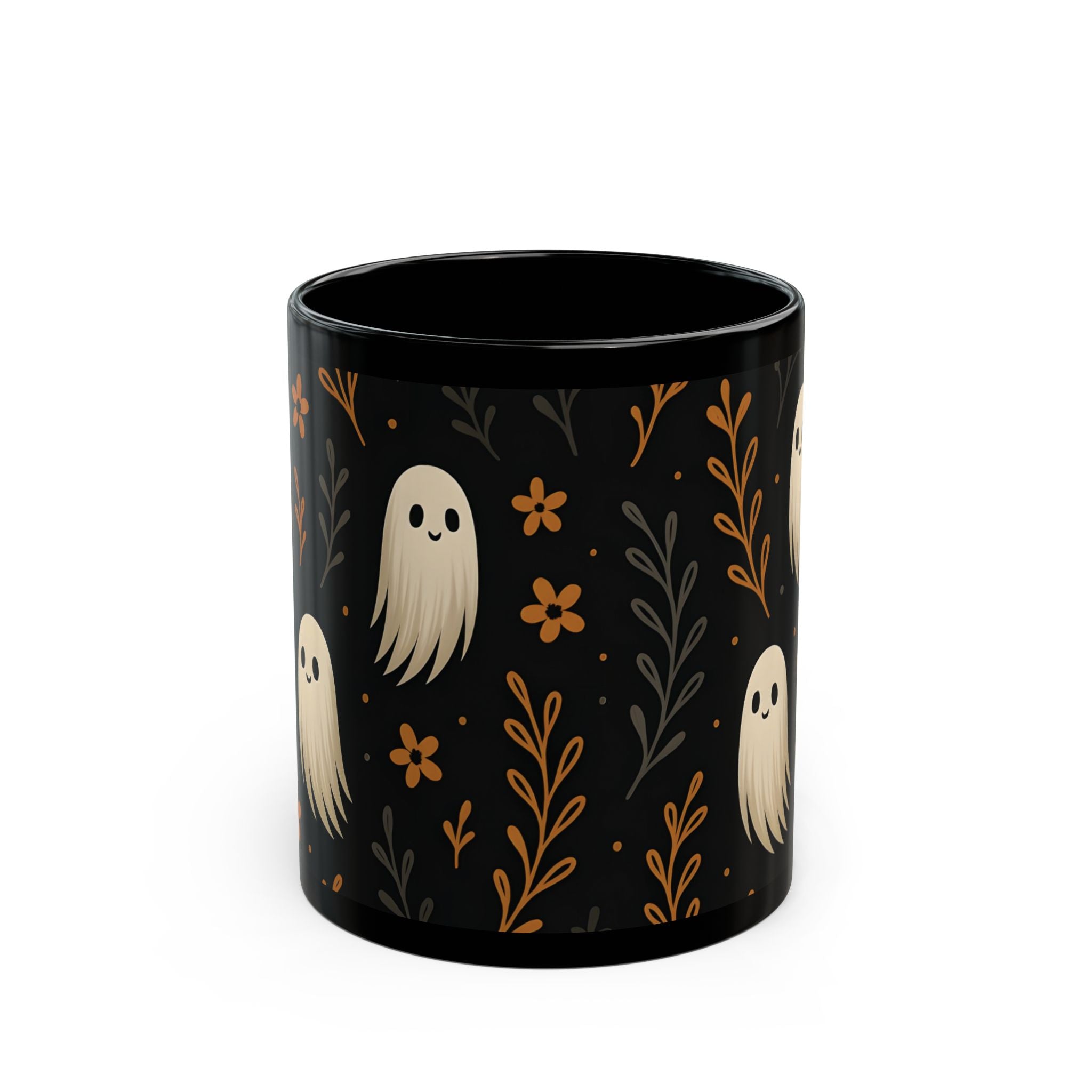 Cute Ghost Floral Black Mug - Halloween Coffee Cup | Spooky Kawaii Ceramic Mug Gift for Tea & Coffee Lovers