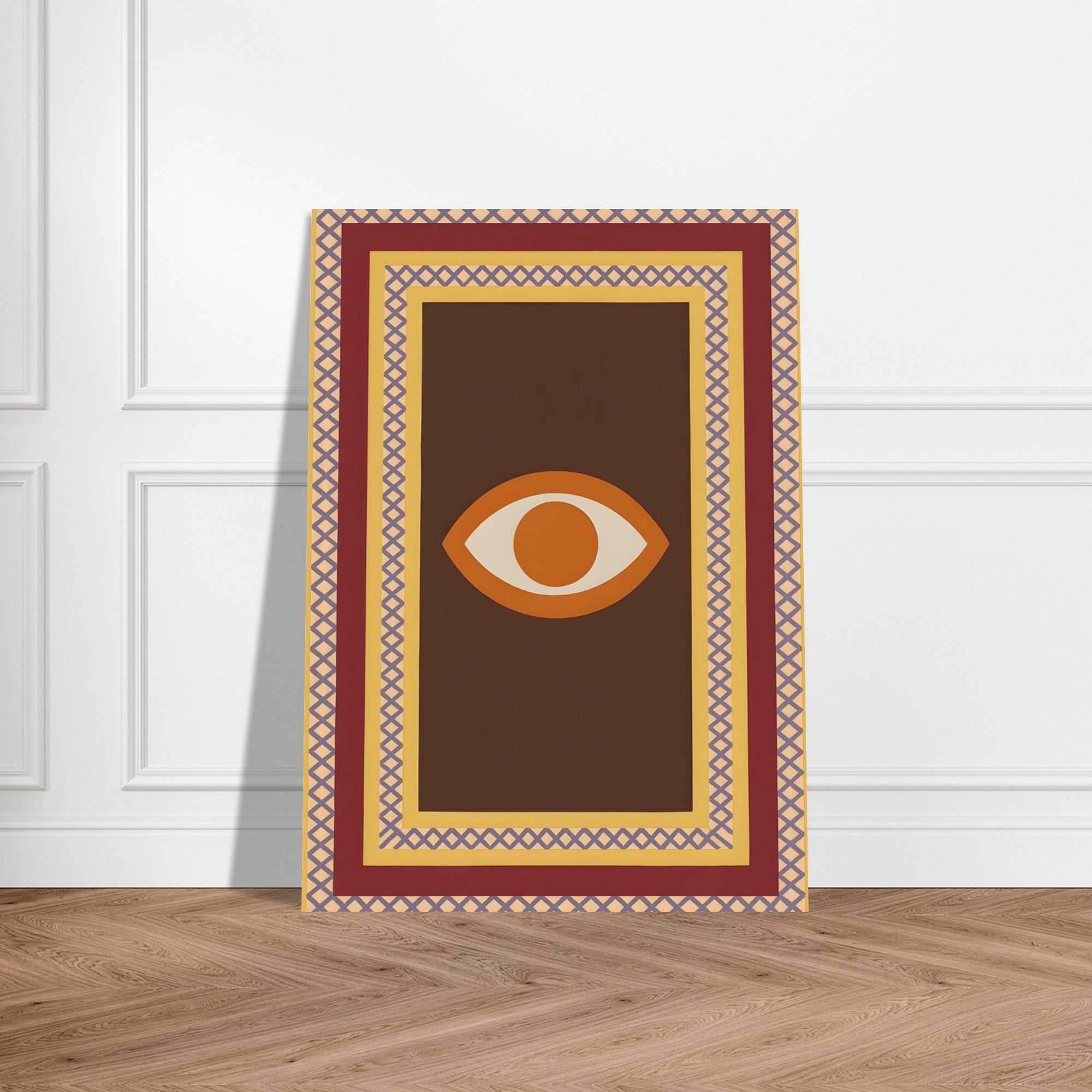 Azure Guardian – Evil Eye Folk Wall Art in Rich Earth Tones (A0, A1,A2, A3. A4 Poster) 13x18 cm 5x7″ Brown with Orange Eye