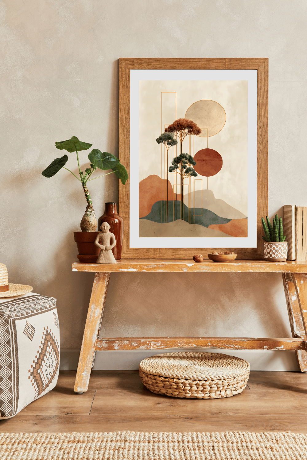 Minimalist Japanese Wall Art - Tranquil Abstract Landscape with Gold Accents