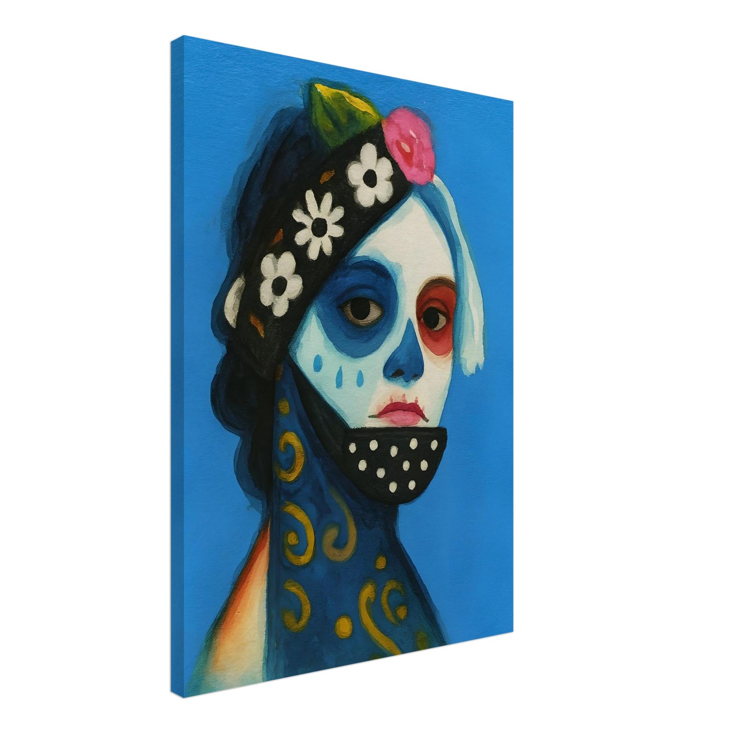 Day of the Dead Watercolor Canvas, Día de los Muertos Masked Woman Wall Art, Mexican Folk Art A3 Print, Skeleton Face Painting Slim Canvas 50x70 cm 20x28″