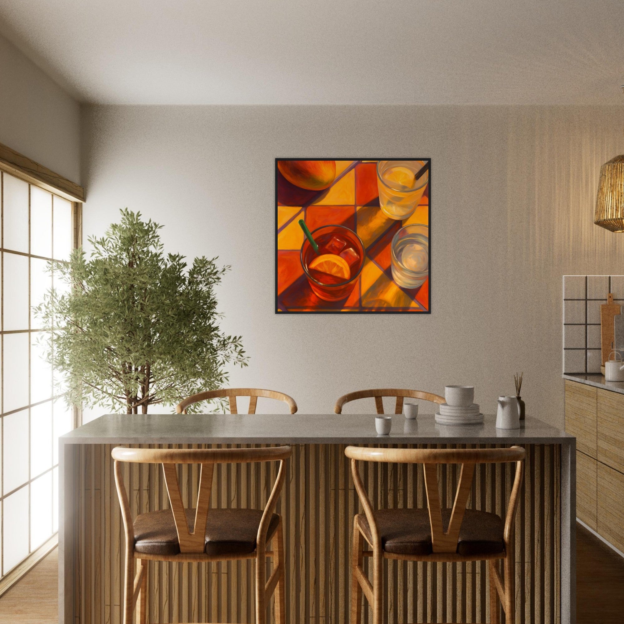 Vibrant Mango & Citrus Still Life Poster - Warm Tile Aesthetic Wall Art - Wooden Framed Poster