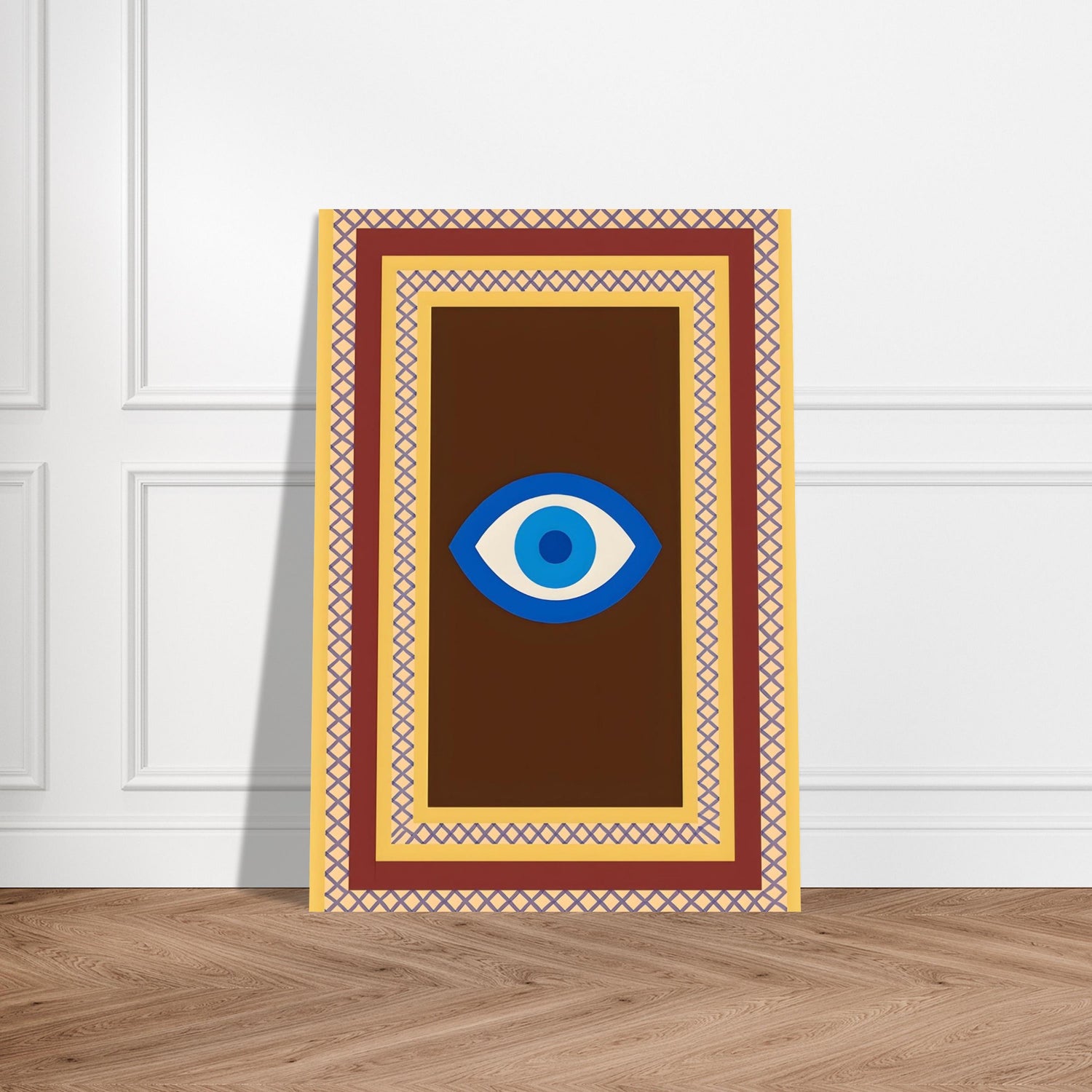 Azure Guardian – Evil Eye Folk Wall Art in Rich Earth Tones (A0, A1,A2, A3. A4 Poster) 70x100 cm 28x40″ Brown with Blue Eye