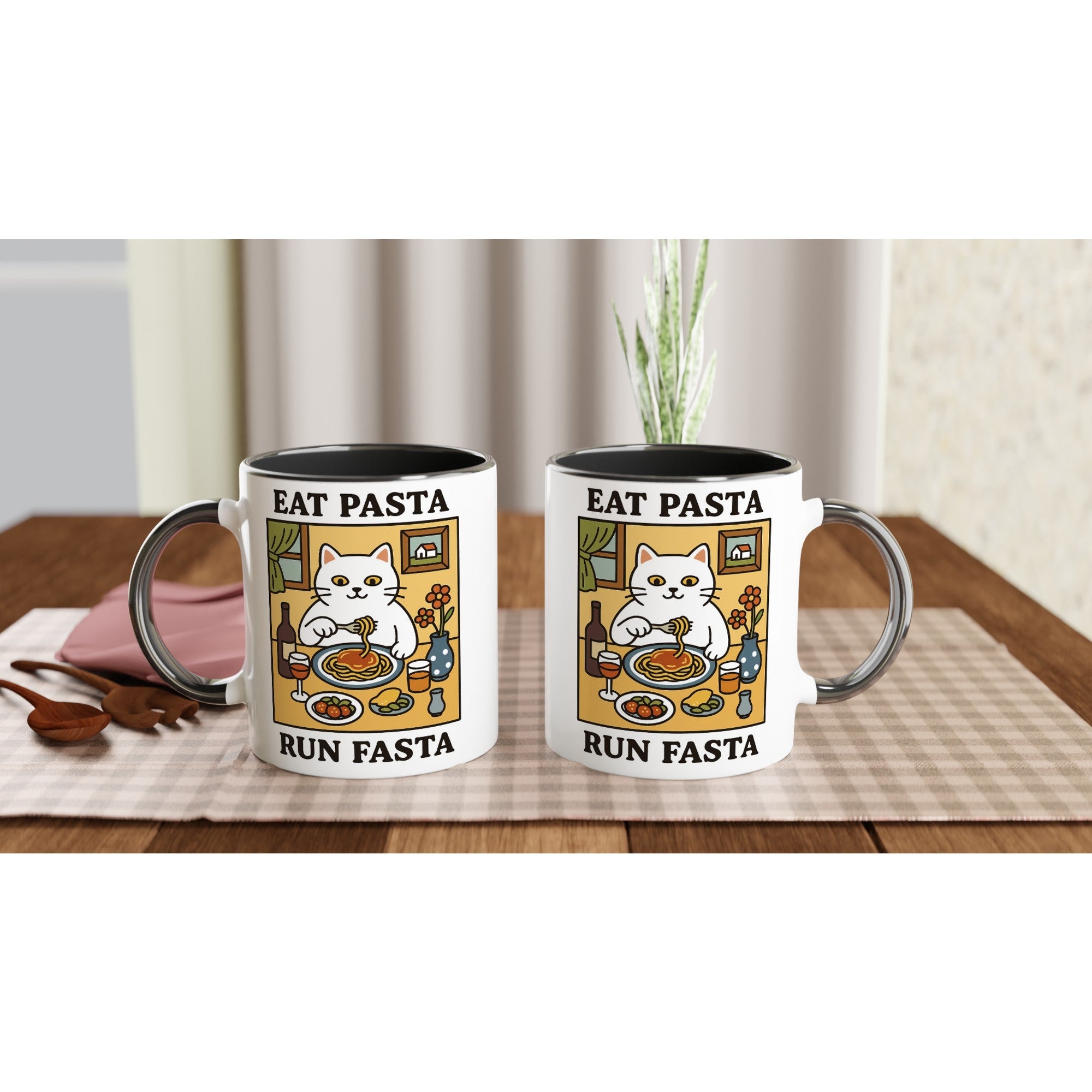 Eat Pasta Run Fasta Mug - Cute Cat Lover Gift - 11oz Ceramic Cup for Coffee & Tea