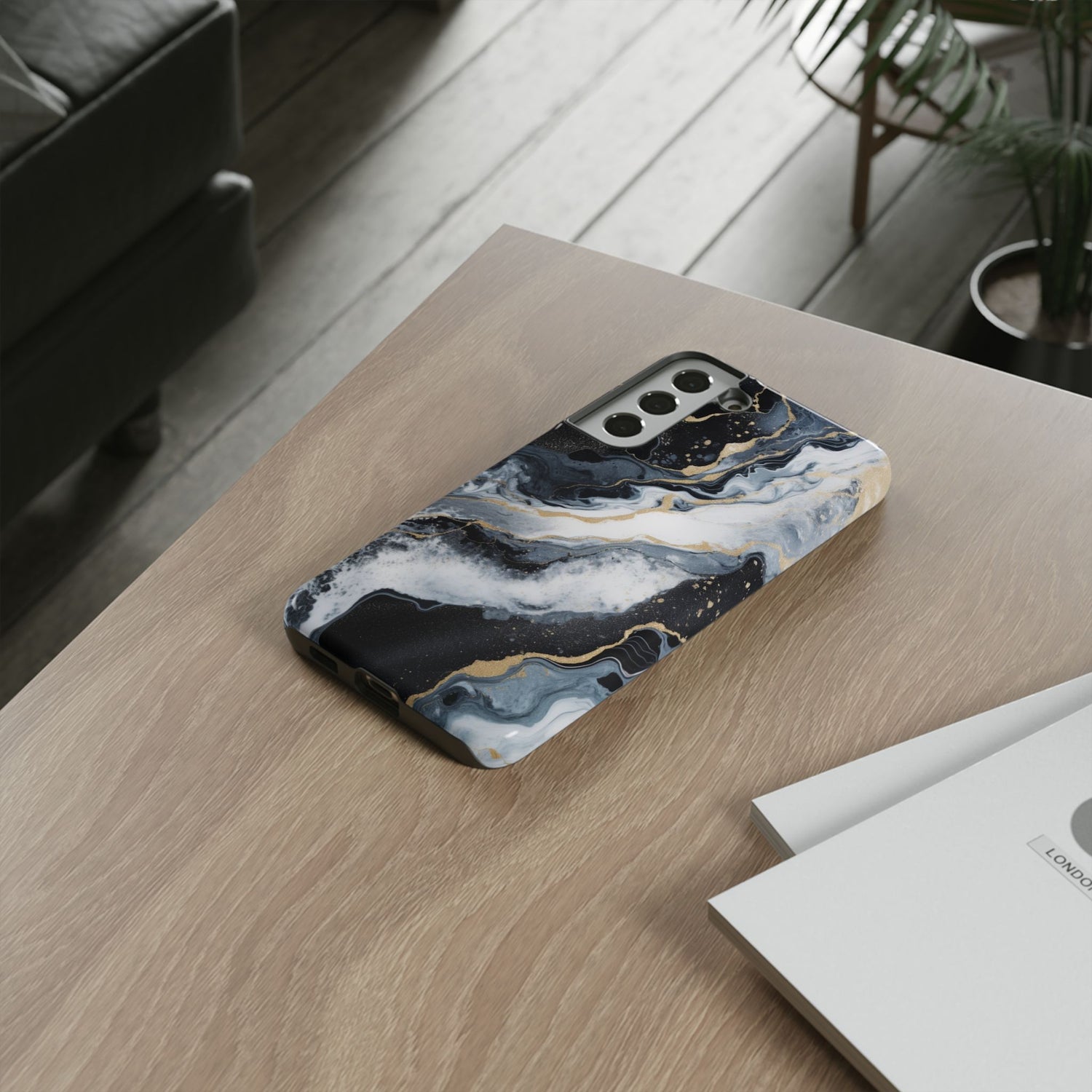 Celestial Marble Phone Case - Black & Gold Swirl Design