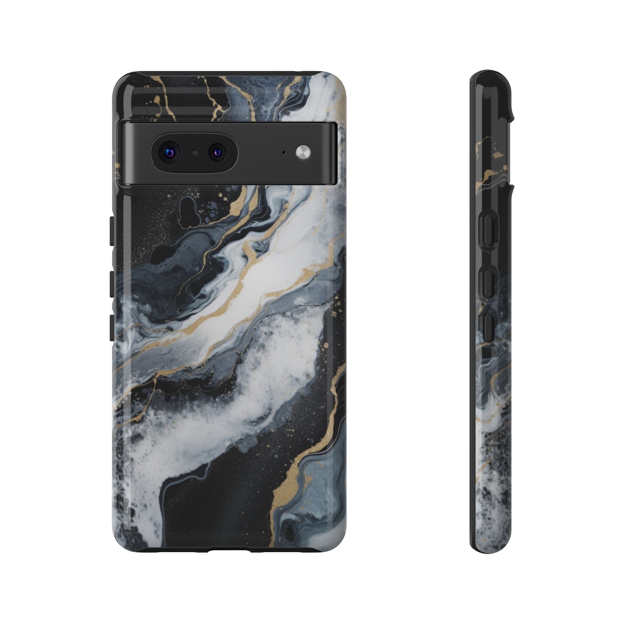 Celestial Marble Phone Case - Black & Gold Swirl Design Google Pixel 7 Glossy