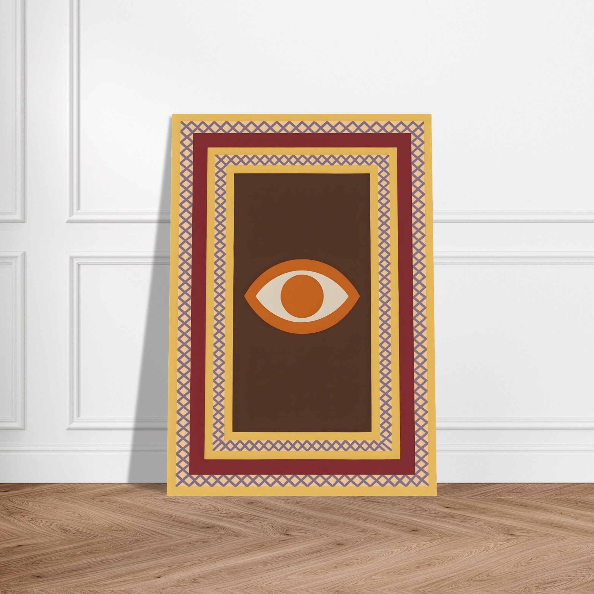 Azure Guardian – Evil Eye Folk Wall Art in Rich Earth Tones (A0, A1,A2, A3. A4 Poster) A2 (42 x 59.4 cm) Brown with Orange Eye