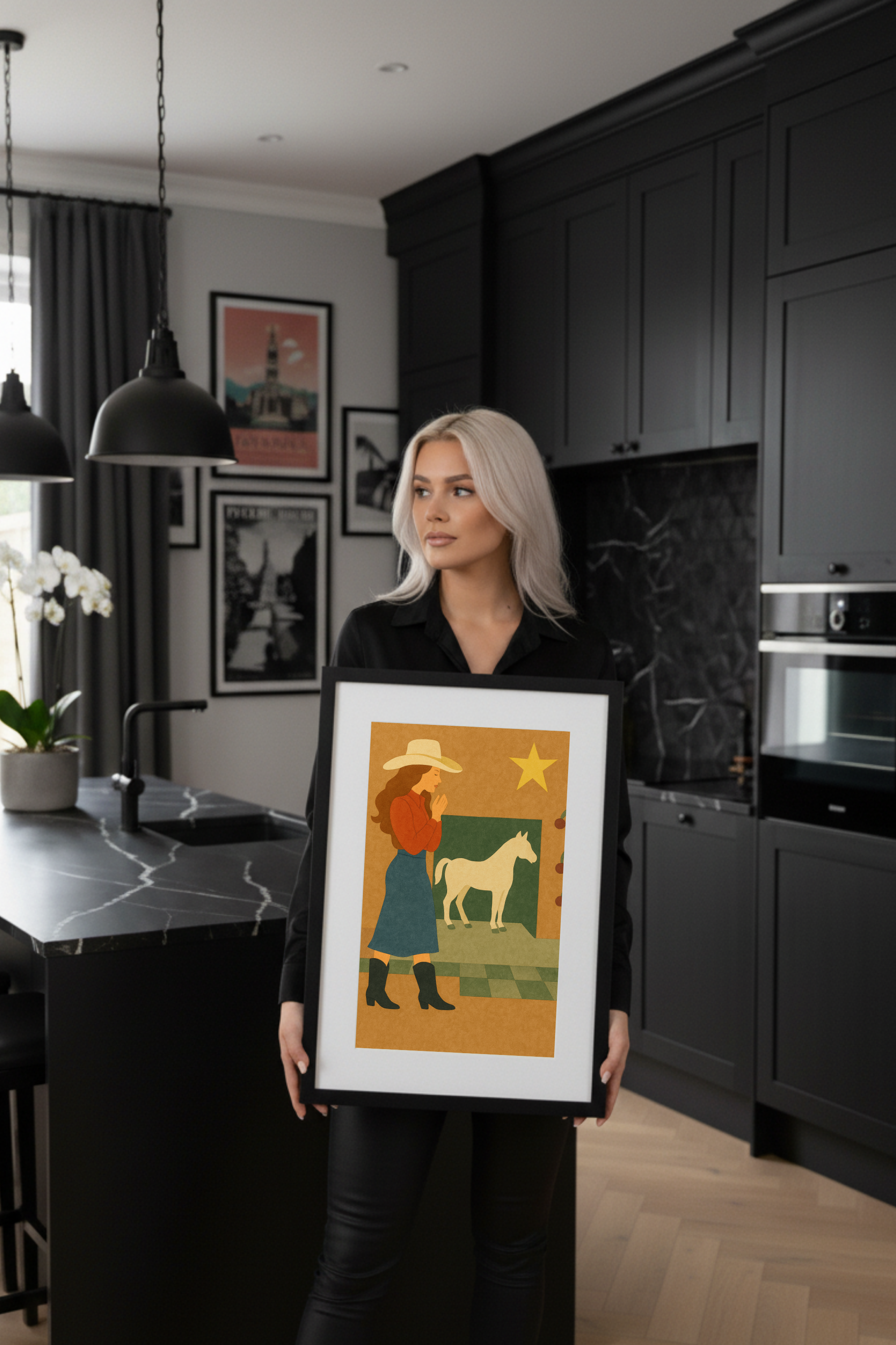 Cowgirl and Horse Wall Art Poster - Modern Western Folk Art Print | Rustic Ranch Decor
