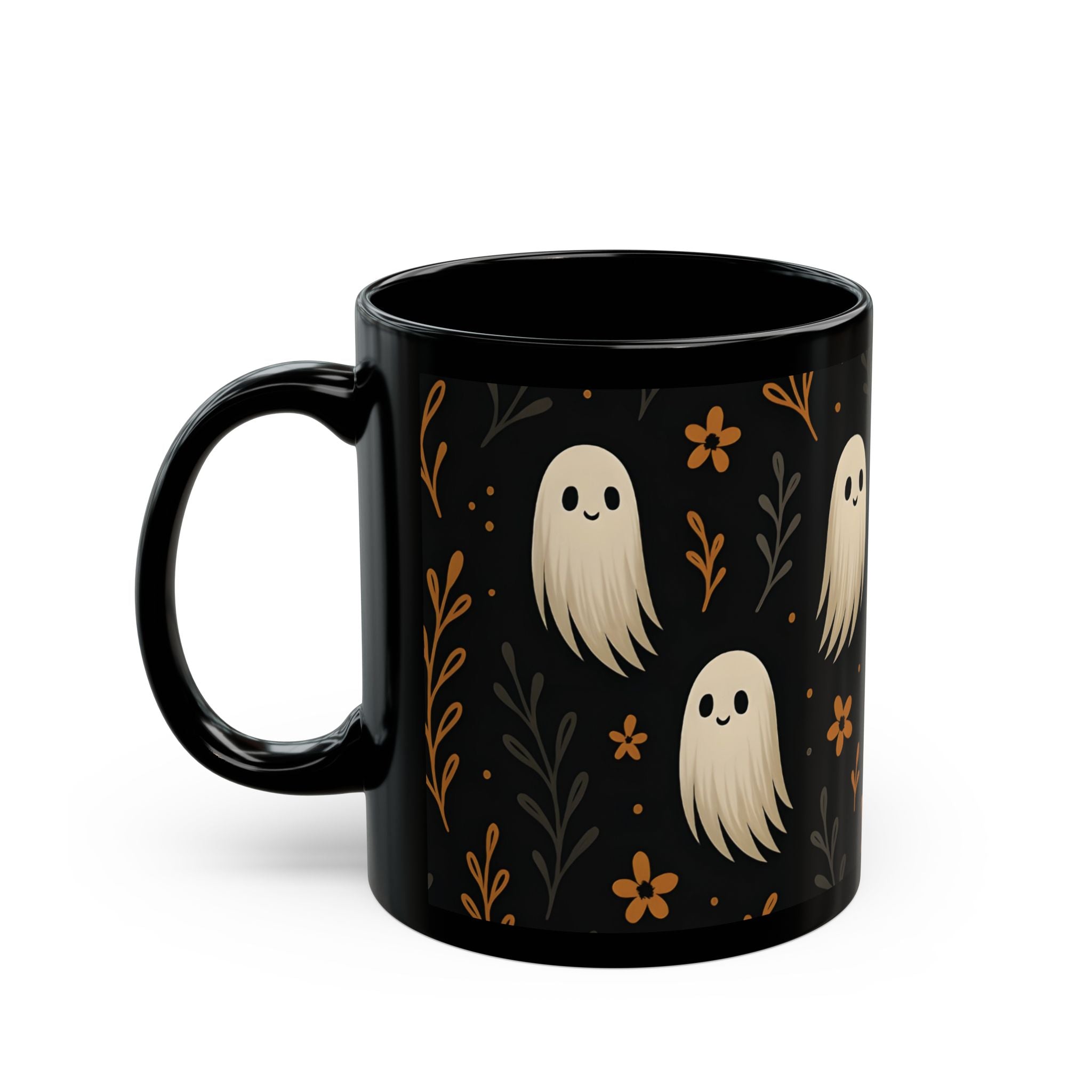 Cute Ghost Floral Black Mug - Halloween Coffee Cup | Spooky Kawaii Ceramic Mug Gift for Tea & Coffee Lovers