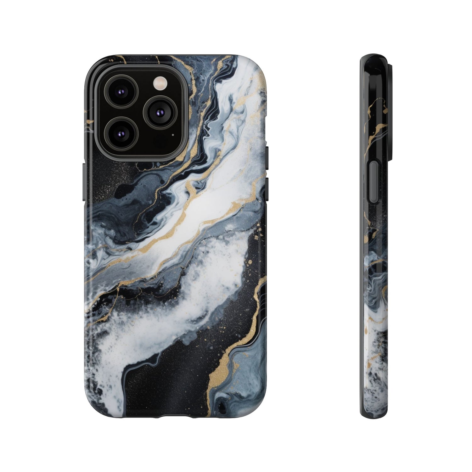 Celestial Marble Phone Case - Black & Gold Swirl Design iPhone 14 Pro Max Glossy