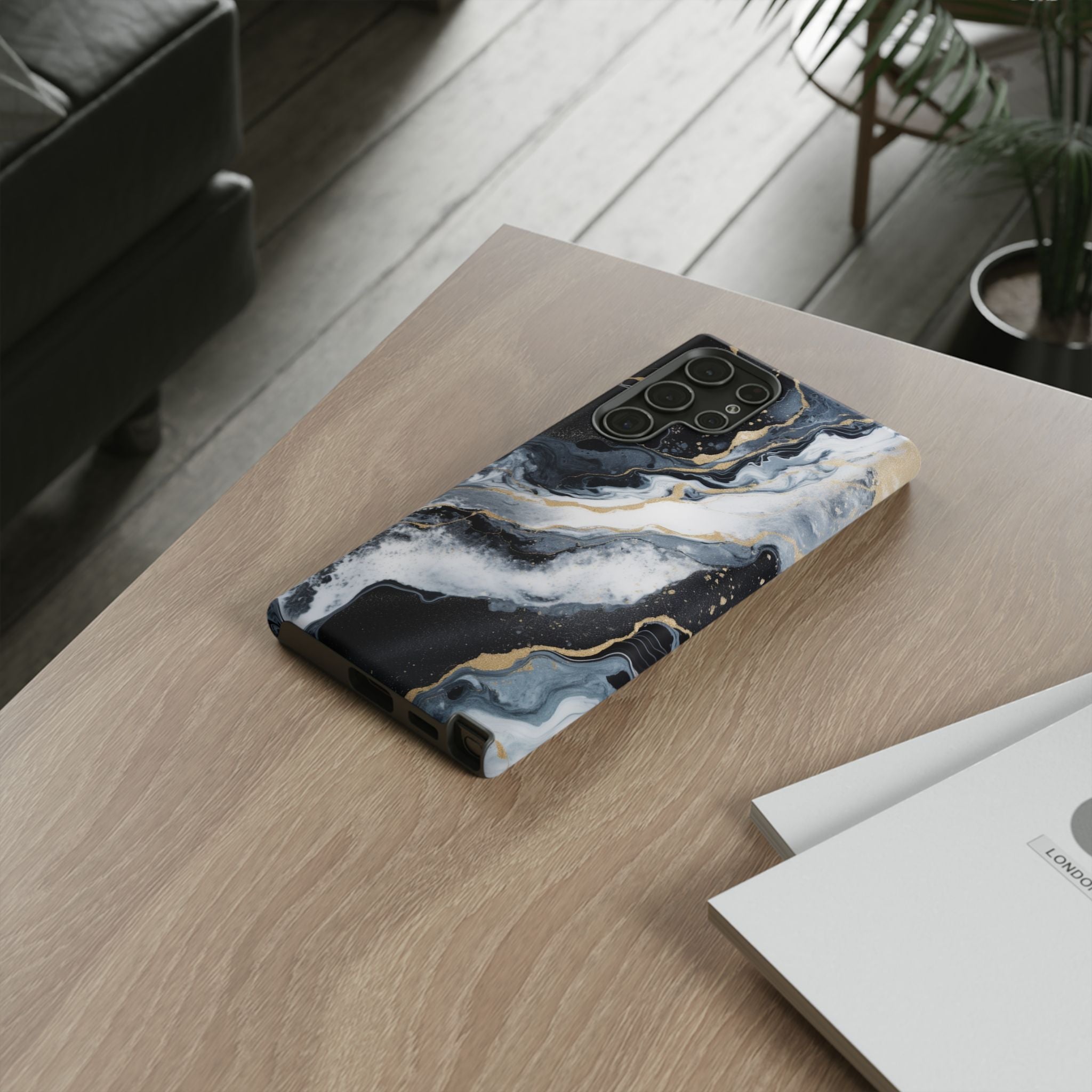 Celestial Marble Phone Case - Black & Gold Swirl Design