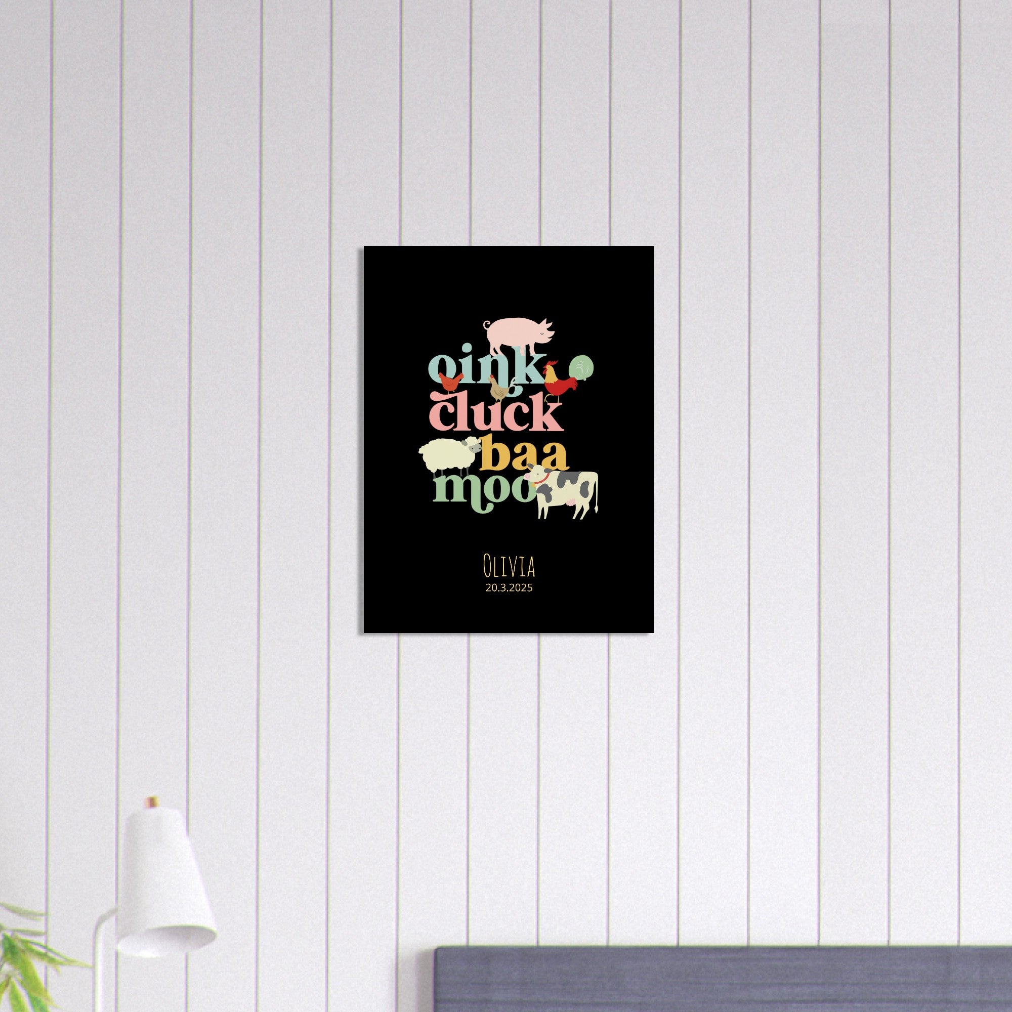 Oink Cluck Baa Moo Personalized Farm Print - Cute Nursery Wall Art Poster - Black 45x60 cm 18x24″