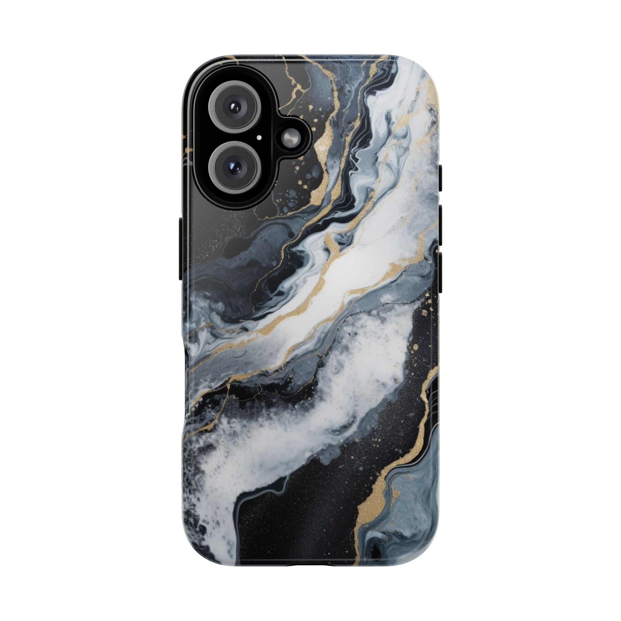 Celestial Marble Phone Case - Black & Gold Swirl Design iPhone 16 Glossy