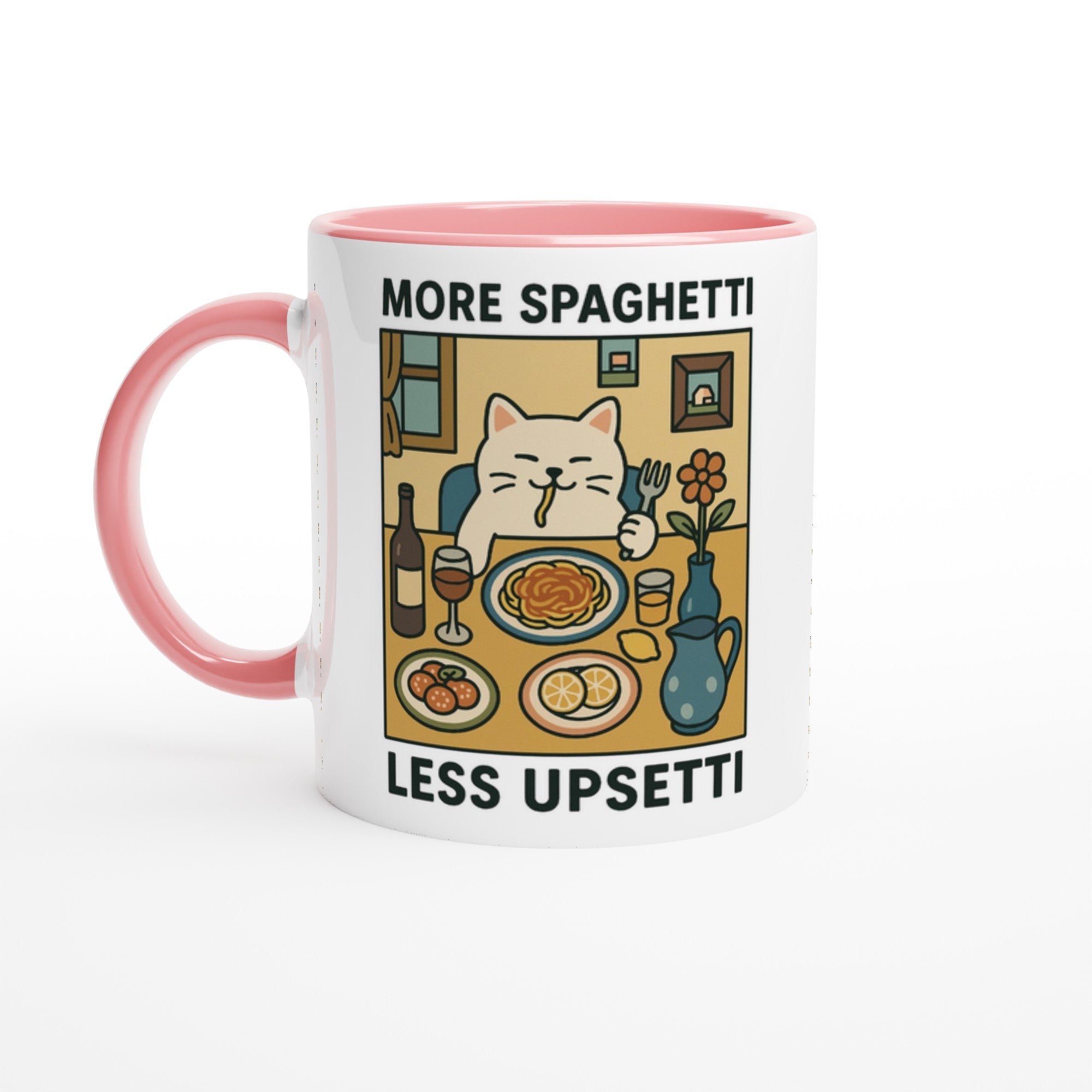More Spaghetti Less Upsetti Mug - Cute Cat Lover Gift - 11oz Ceramic Cup for Coffee & Tea Ceramic Pink