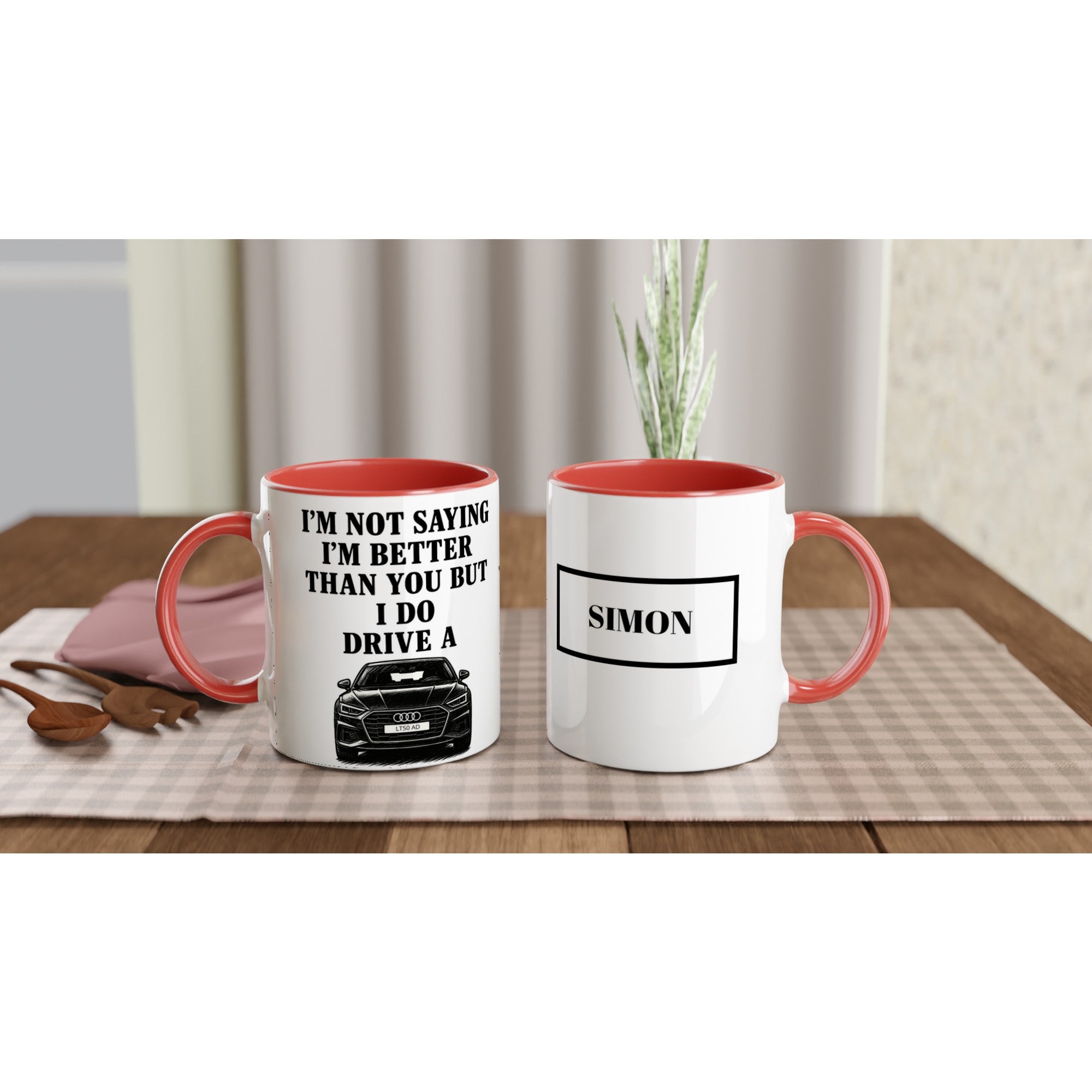 Funny Personalized Audi Mug - Custom Car Lover Dad Gift - Add Name & Number Plate - 11oz Ceramic Ceramic Red
