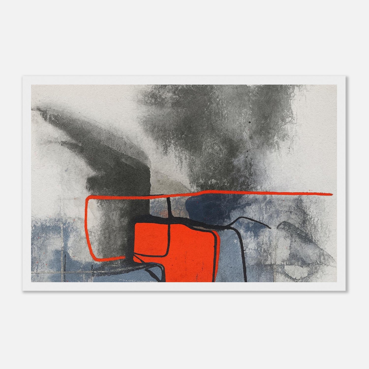 Urban Ember – Abstract Expressionist Print with Red Accents, Modern Art Poster, Moody Watercolor - Matte Wooden Framed 28x43 cm XL (11x17″) White frame