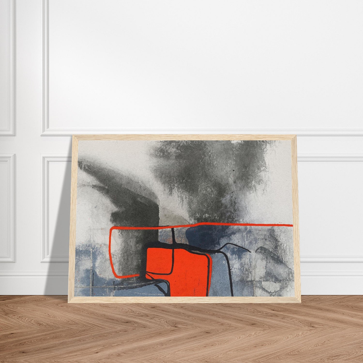 Urban Ember – Abstract Expressionist Print with Red Accents, Modern Art Poster, Moody Watercolor - Matte Wooden Framed