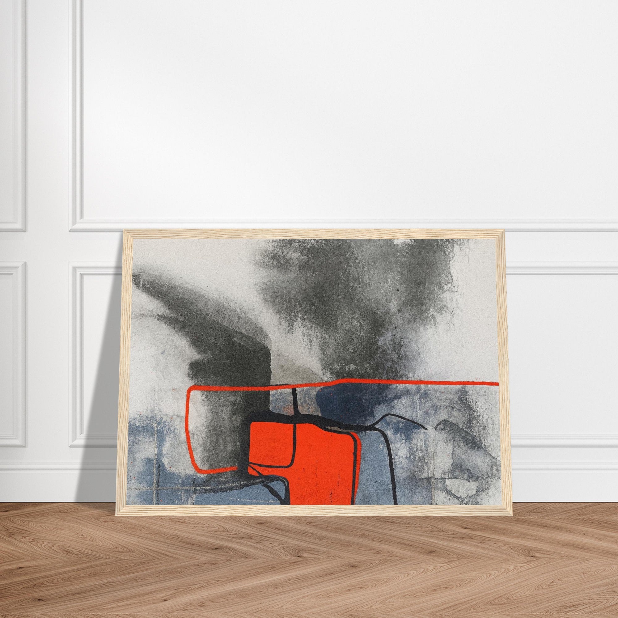 Urban Ember – Abstract Expressionist Print with Red Accents, Modern Art Poster, Moody Watercolor - Matte Wooden Framed