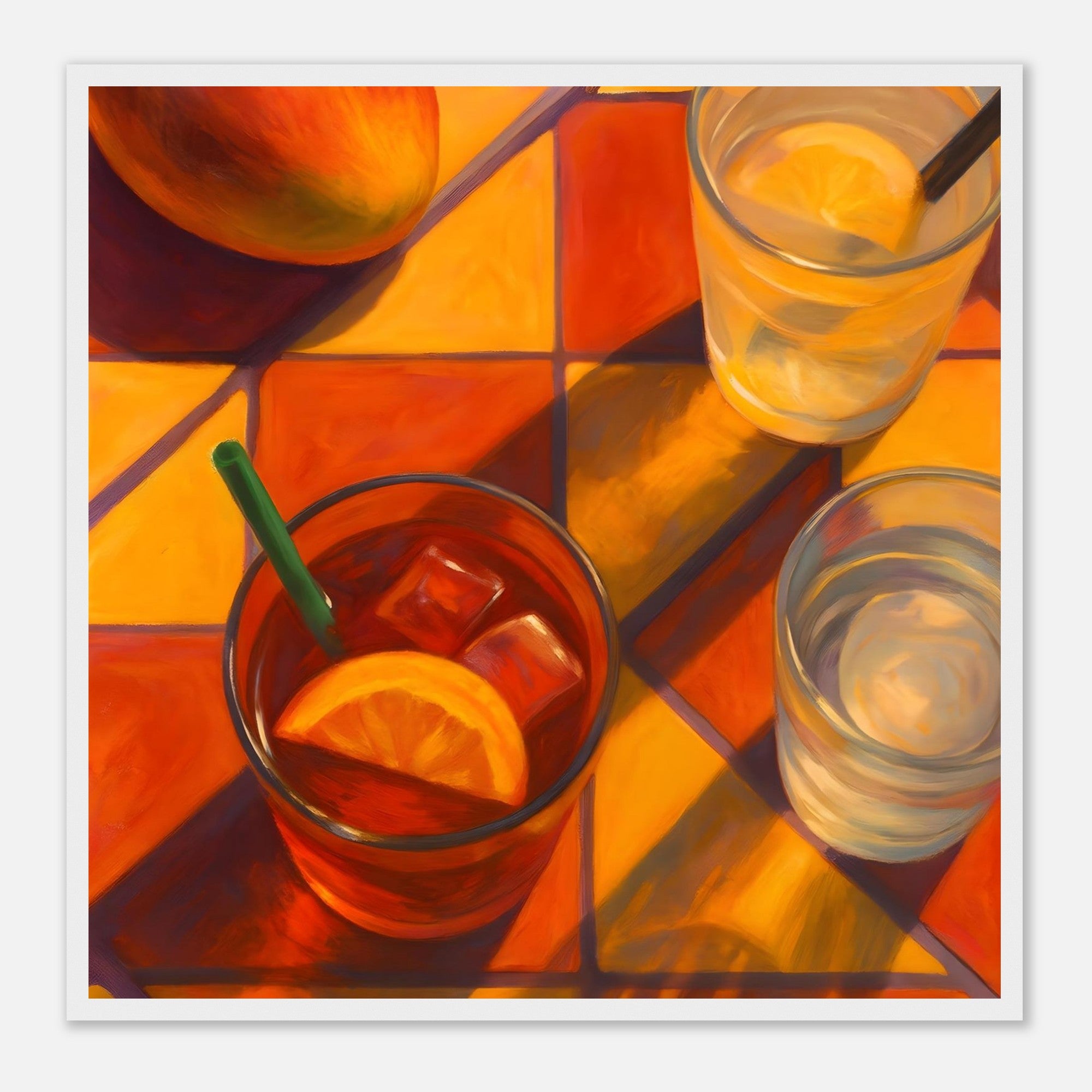 Vibrant Mango & Citrus Still Life Poster - Warm Tile Aesthetic Wall Art - Wooden Framed Poster 50x50 cm 20x20″ White frame