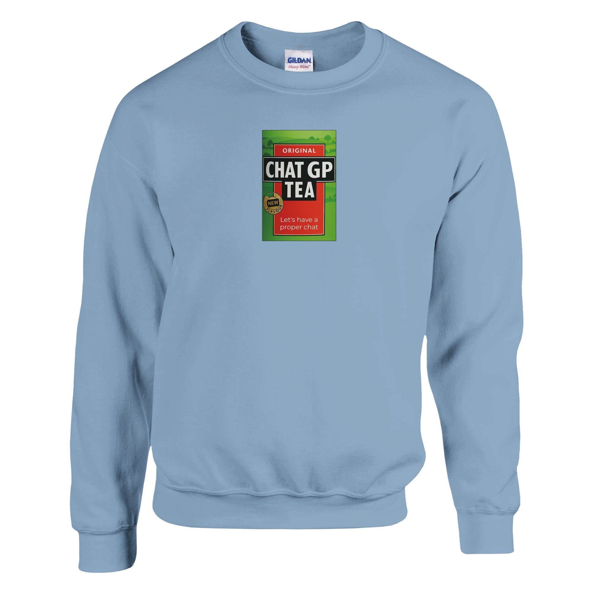 Chat GP Tea Sweatshirt - Humorous gift for Tea Lovers & ChatGPT AI Fans - Unisex Crewneck Sweatshirt Light Blue