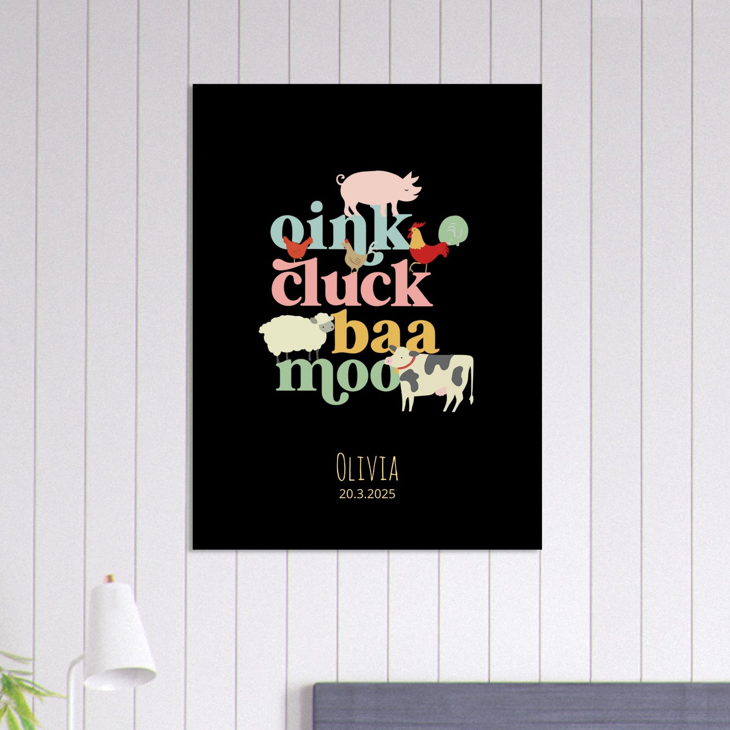 Oink Cluck Baa Moo Personalized Farm Print - Cute Nursery Wall Art Poster - Black 75x100 cm 30x40″