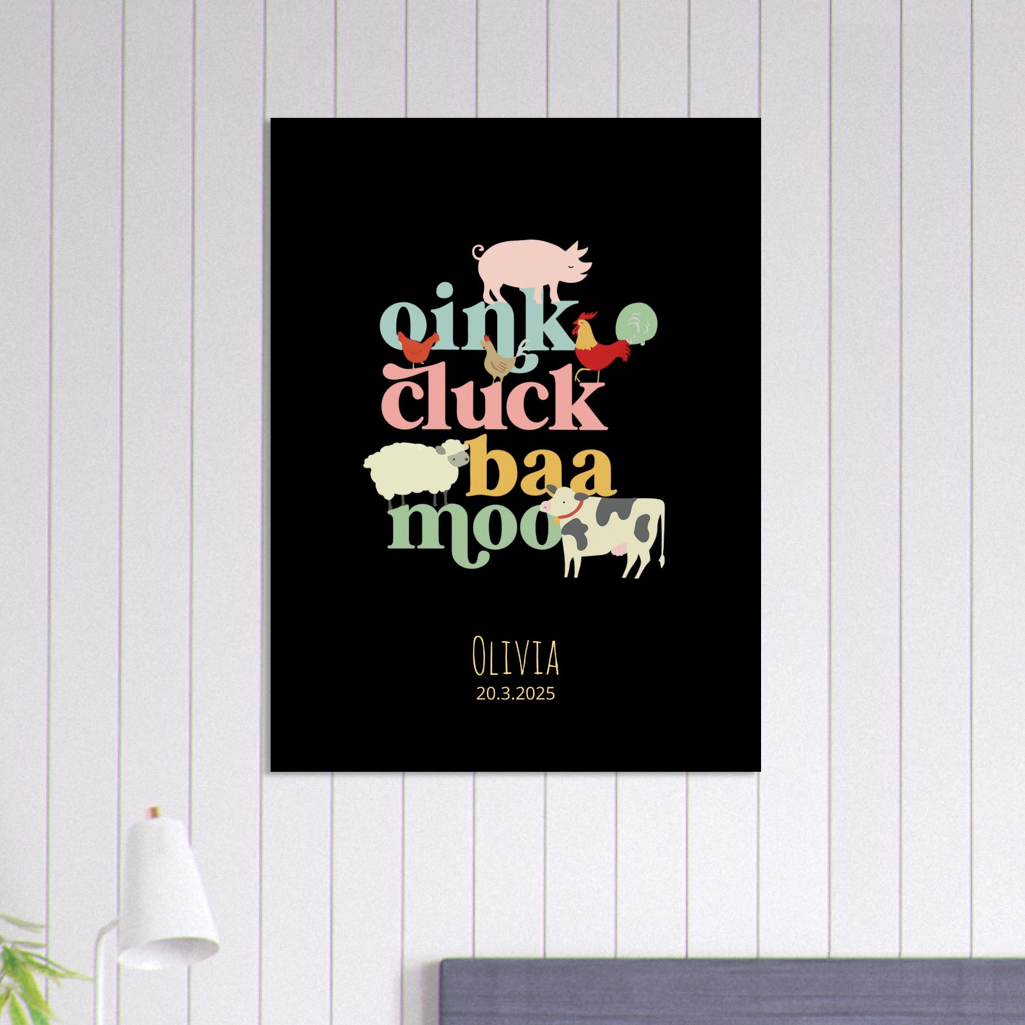 Oink Cluck Baa Moo Personalized Farm Print - Cute Nursery Wall Art Poster - Black 75x100 cm 30x40″