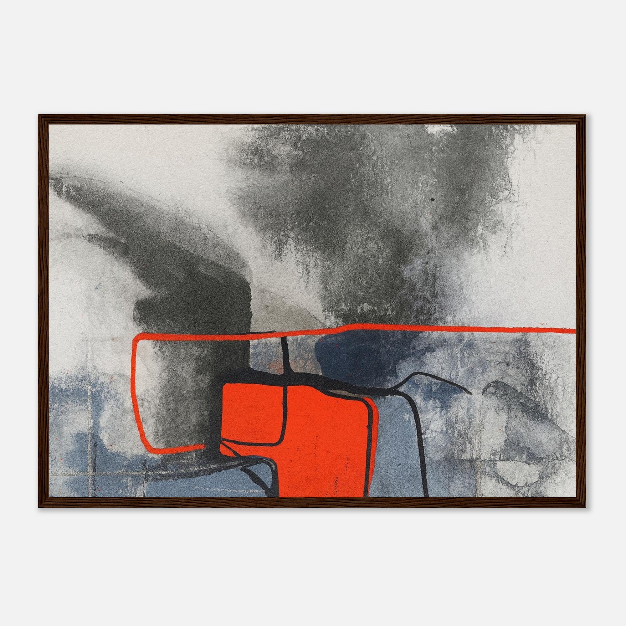 Urban Ember – Abstract Expressionist Print with Red Accents, Modern Art Poster, Moody Watercolor - Matte Wooden Framed A2 (42 x 59.4 cm) Dark wood frame