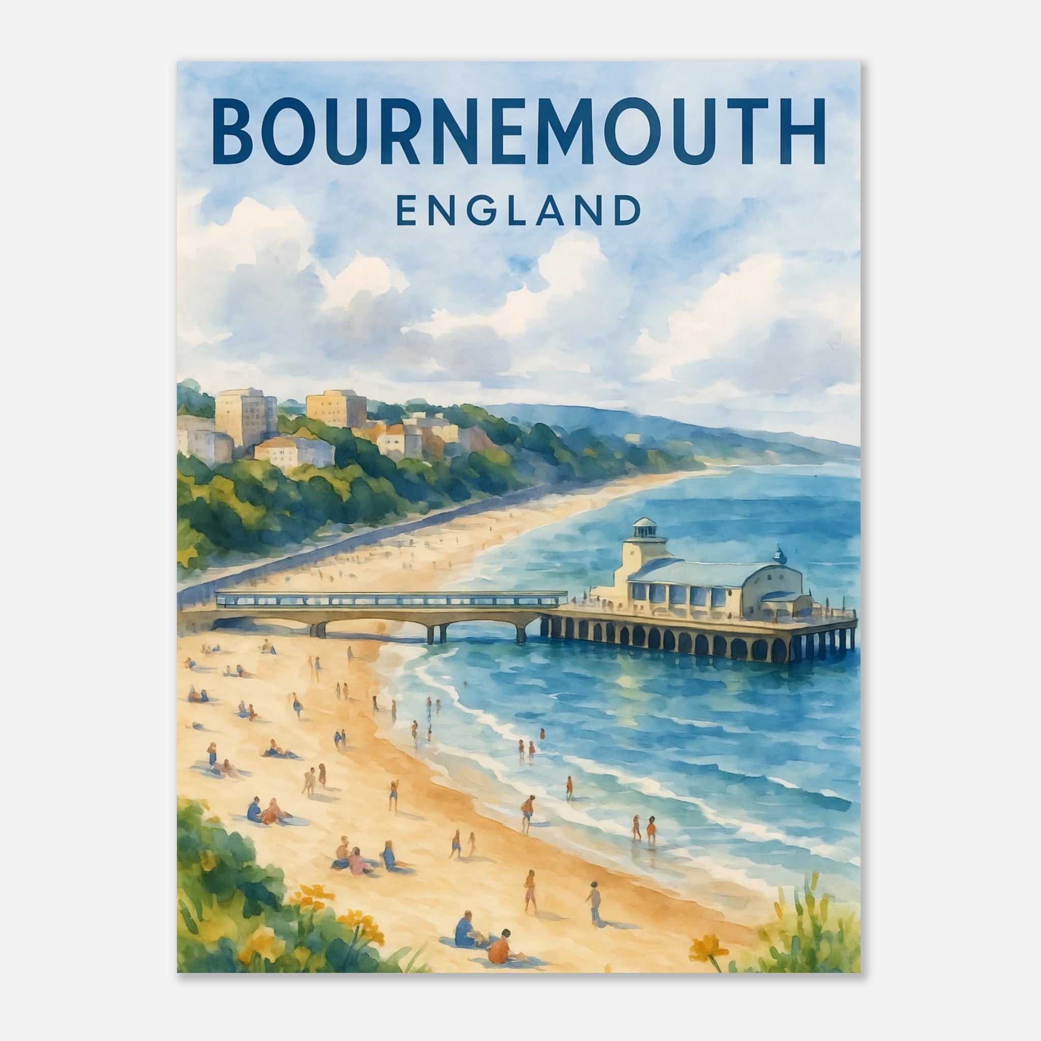 Bournemouth England Watercolor Poster: Dorset Travel Print, FSC Matte Paper 30x40 cm 12x16″