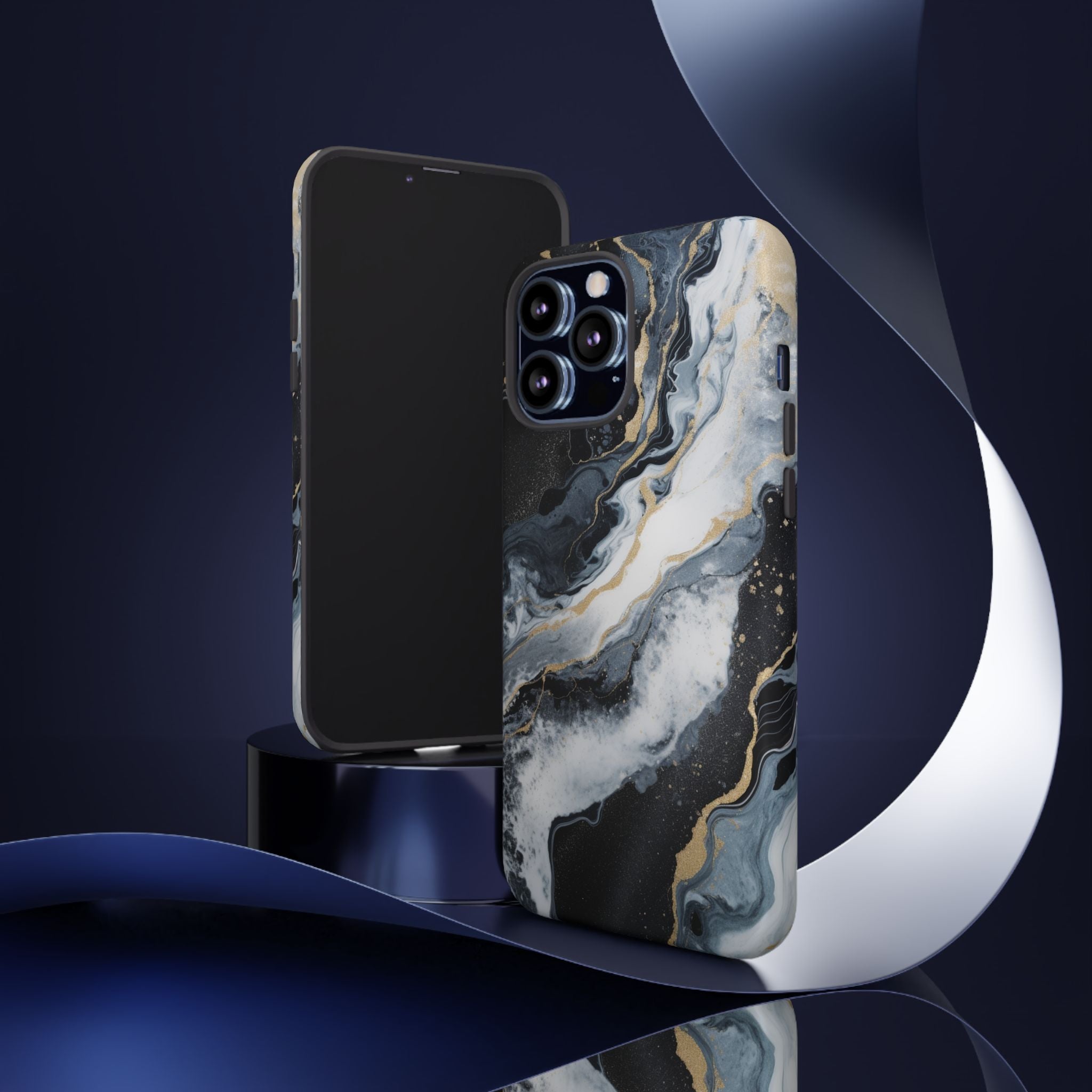 Celestial Marble Phone Case - Black & Gold Swirl Design