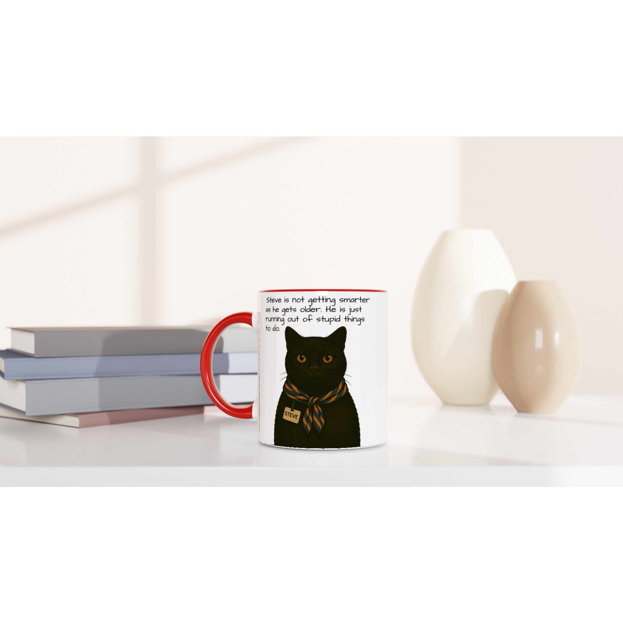 Steve Mysterious Cat Mug – Vintage Black Cat with Scarf – Funny 11oz Coffee Mug for Cat Lovers – Blank Name Tag – Quirky Animal Art Gift
