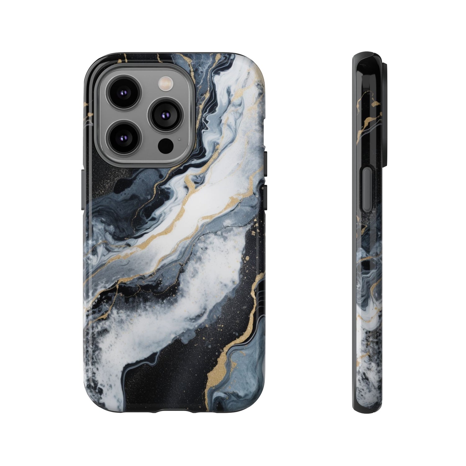 Celestial Marble Phone Case - Black & Gold Swirl Design iPhone 14 Pro Glossy