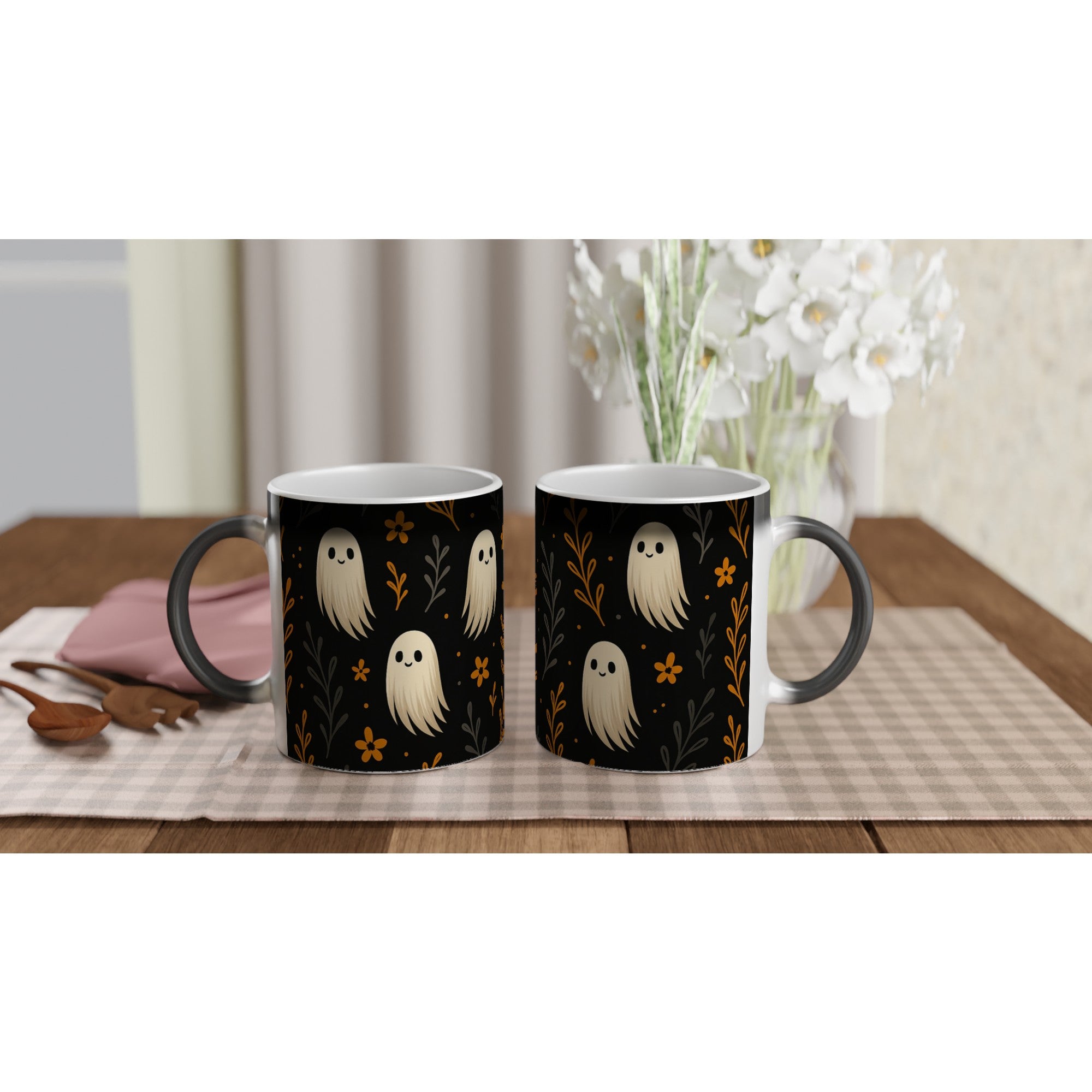 Cute Ghosts Halloween Mug - 11oz Ceramic Fall Decor Gift for Teachers - Magic Revealing Cup