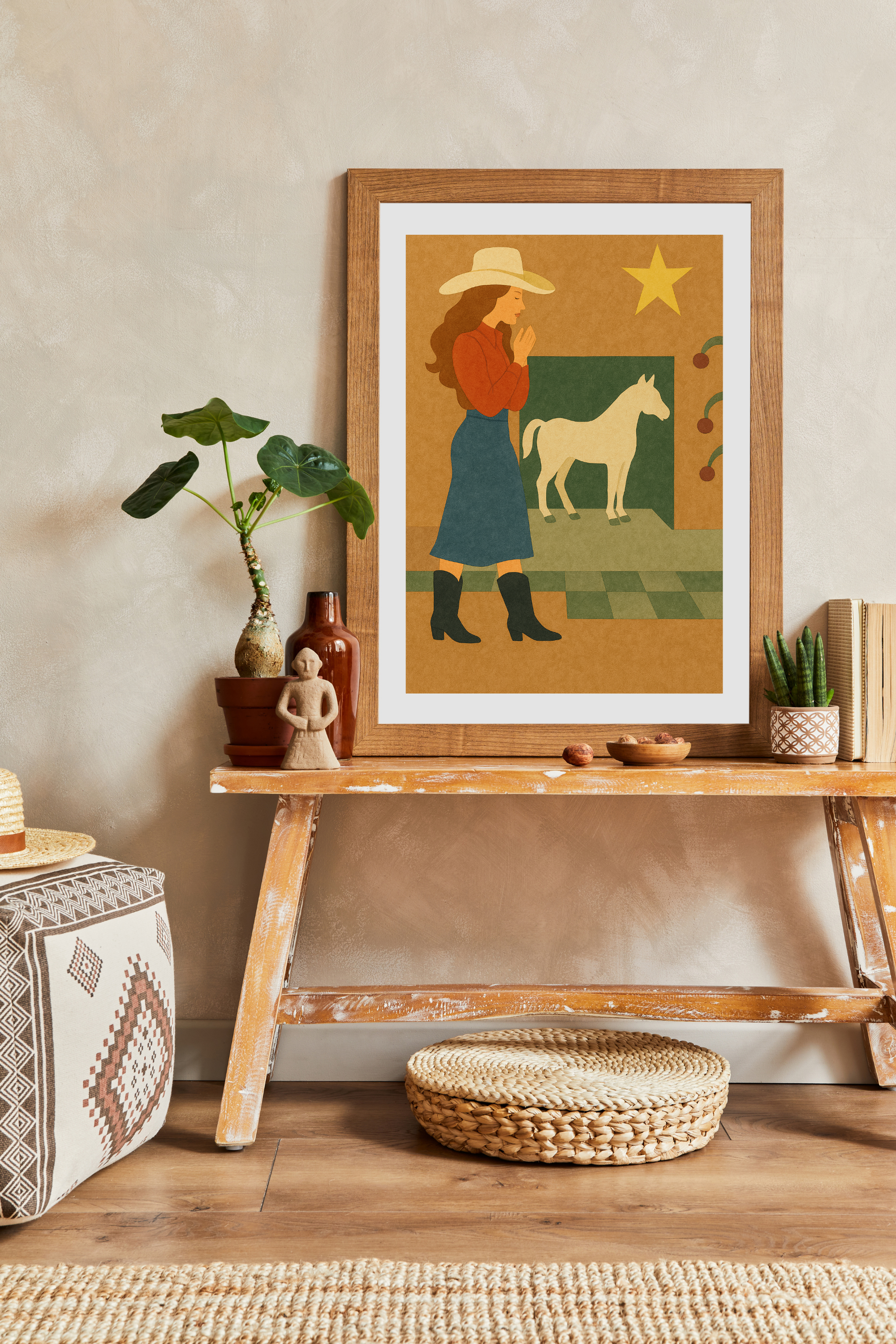 Cowgirl and Horse Wall Art Poster - Modern Western Folk Art Print | Rustic Ranch Decor