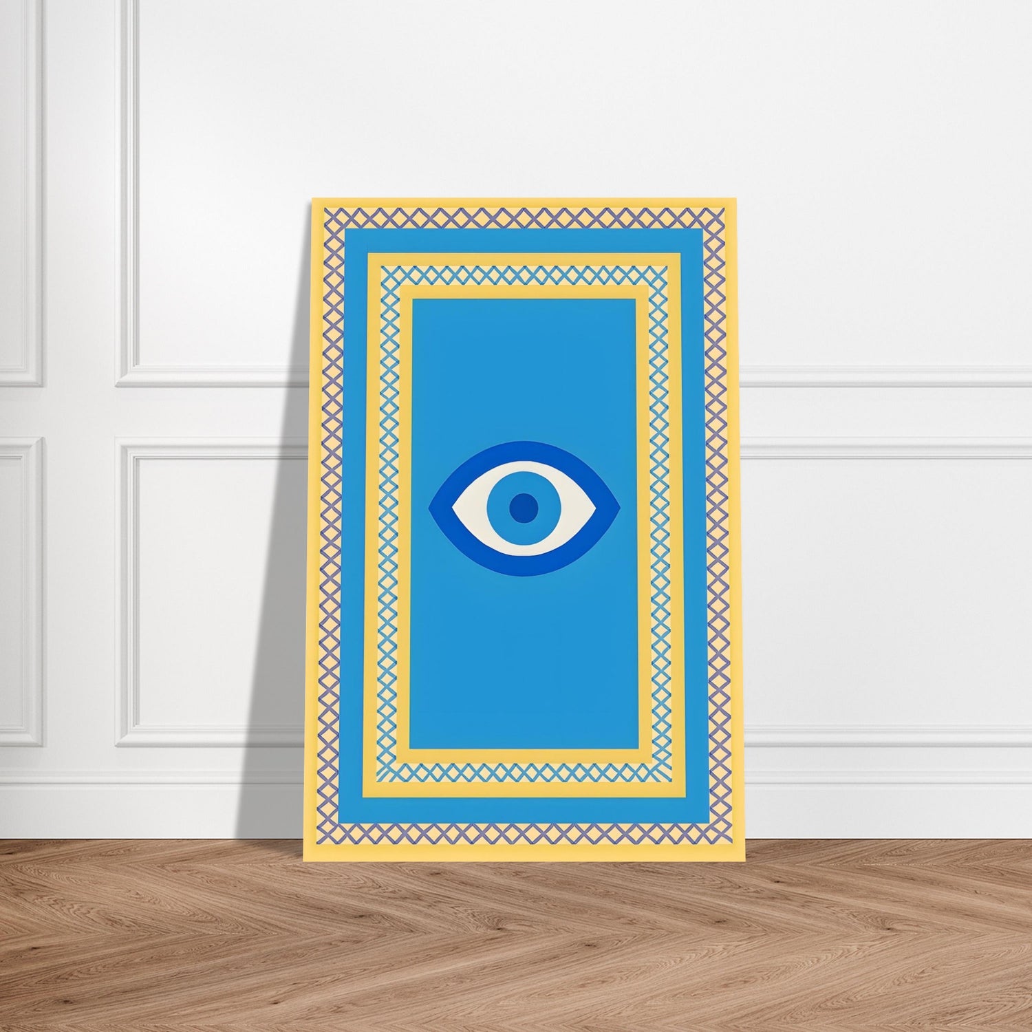 Azure Guardian – Evil Eye Folk Wall Art in Rich Earth Tones (A0, A1,A2, A3. A4 Poster) 60x90 cm 24x36″ All Blue