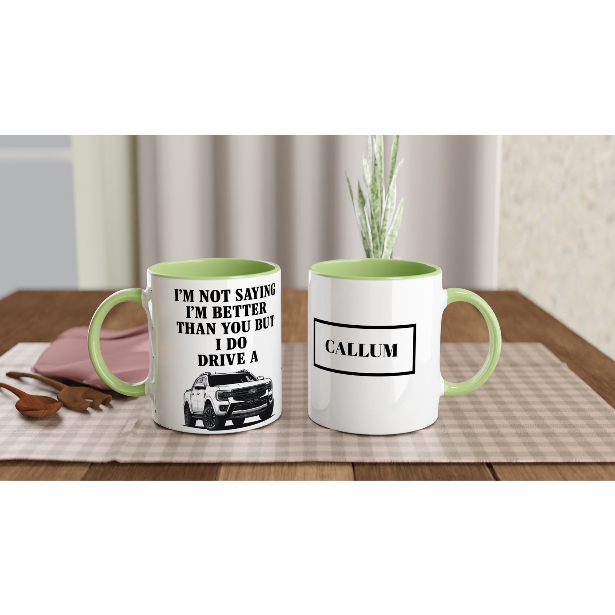Personalized White Ford Ranger Wildtrak Mug - Custom Offroad Car Lover Gift | 11oz Ceramic - Colorful Design Ceramic Green