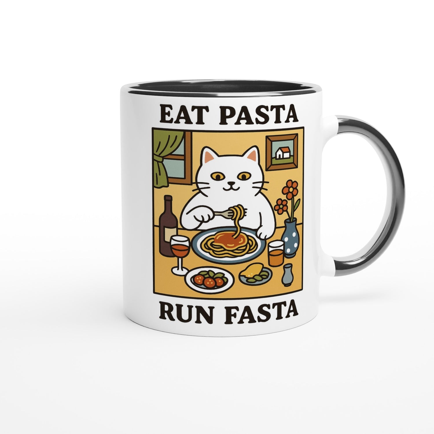 Eat Pasta Run Fasta Mug - Cute Cat Lover Gift - 11oz Ceramic Cup for Coffee & Tea