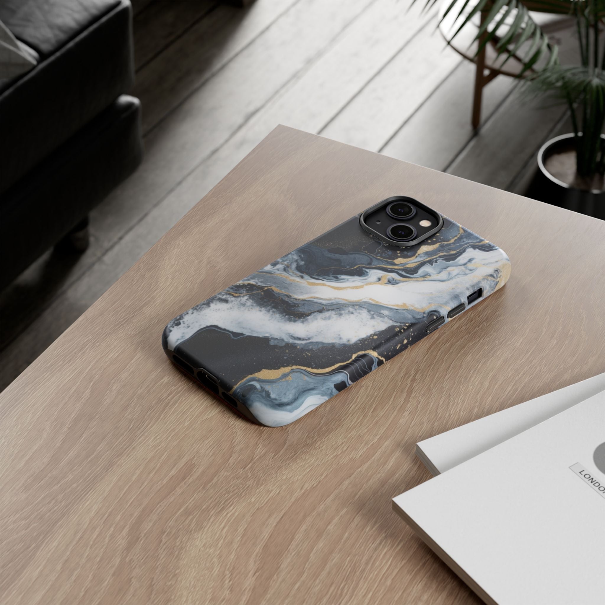 Celestial Marble Phone Case - Black & Gold Swirl Design