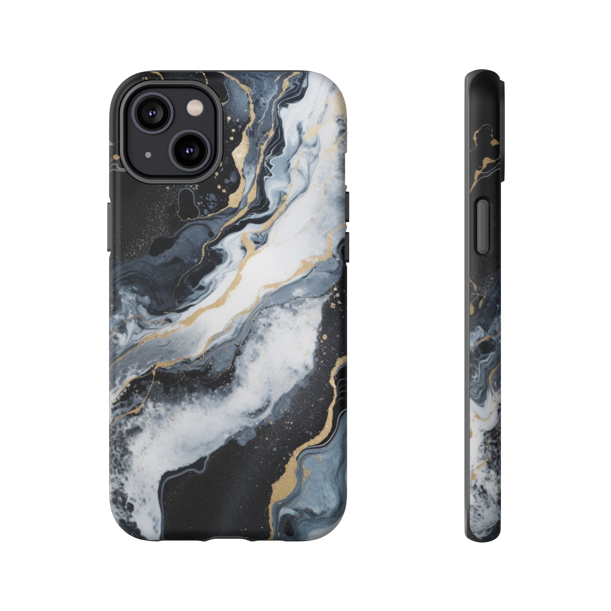 Celestial Marble Phone Case - Black & Gold Swirl Design iPhone 14 Plus Matte