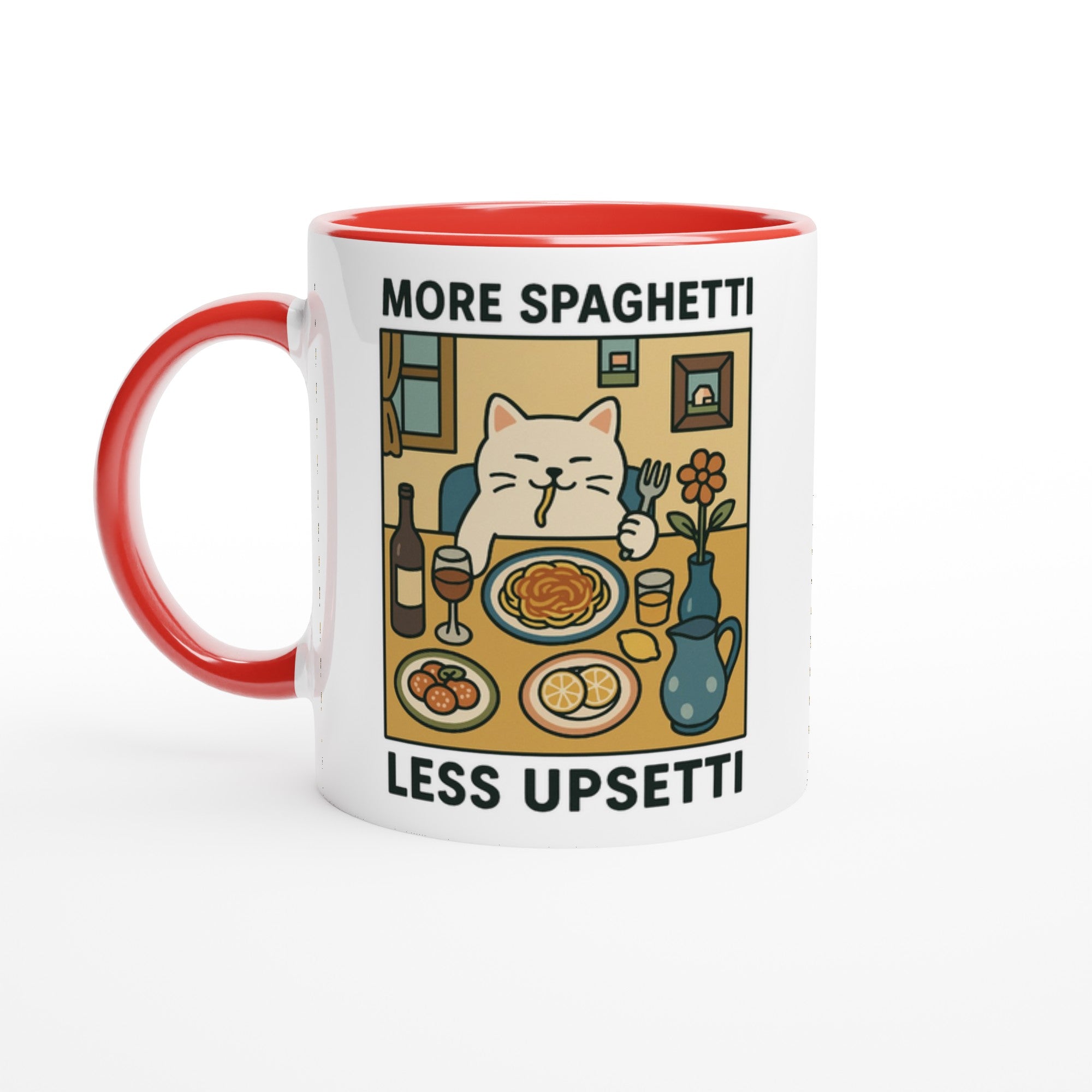 More Spaghetti Less Upsetti Mug - Cute Cat Lover Gift - 11oz Ceramic Cup for Coffee & Tea Ceramic Red